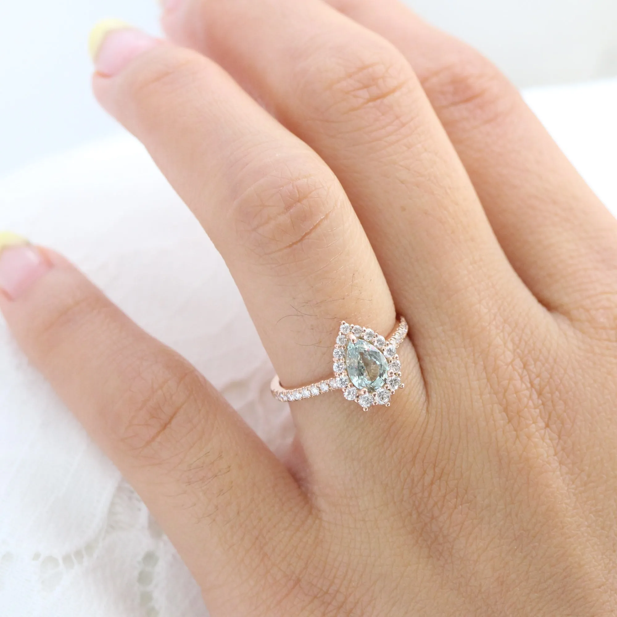 1.54 Ct Sea-Foam Green Sapphire Ring in 14k Rose Gold Tiara Halo Diamond, Size 6.25