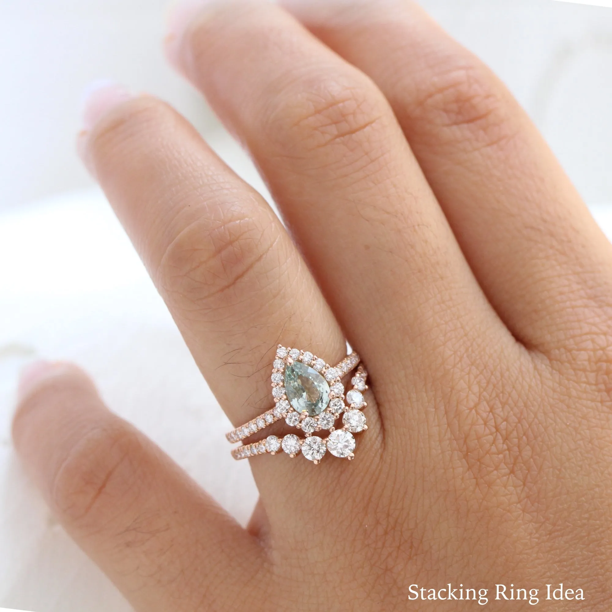 1.54 Ct Sea-Foam Green Sapphire Ring in 14k Rose Gold Tiara Halo Diamond, Size 6.25
