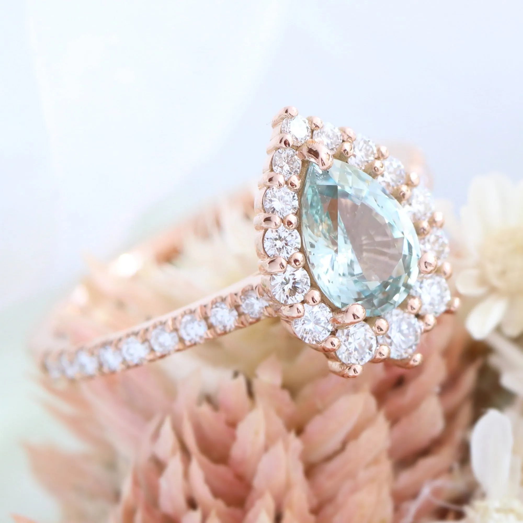 1.54 Ct Sea-Foam Green Sapphire Ring in 14k Rose Gold Tiara Halo Diamond, Size 6.25