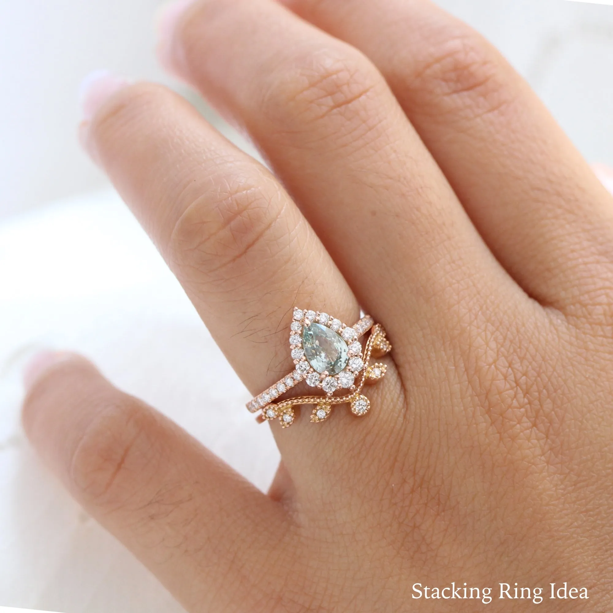 1.54 Ct Sea-Foam Green Sapphire Ring in 14k Rose Gold Tiara Halo Diamond, Size 6.25