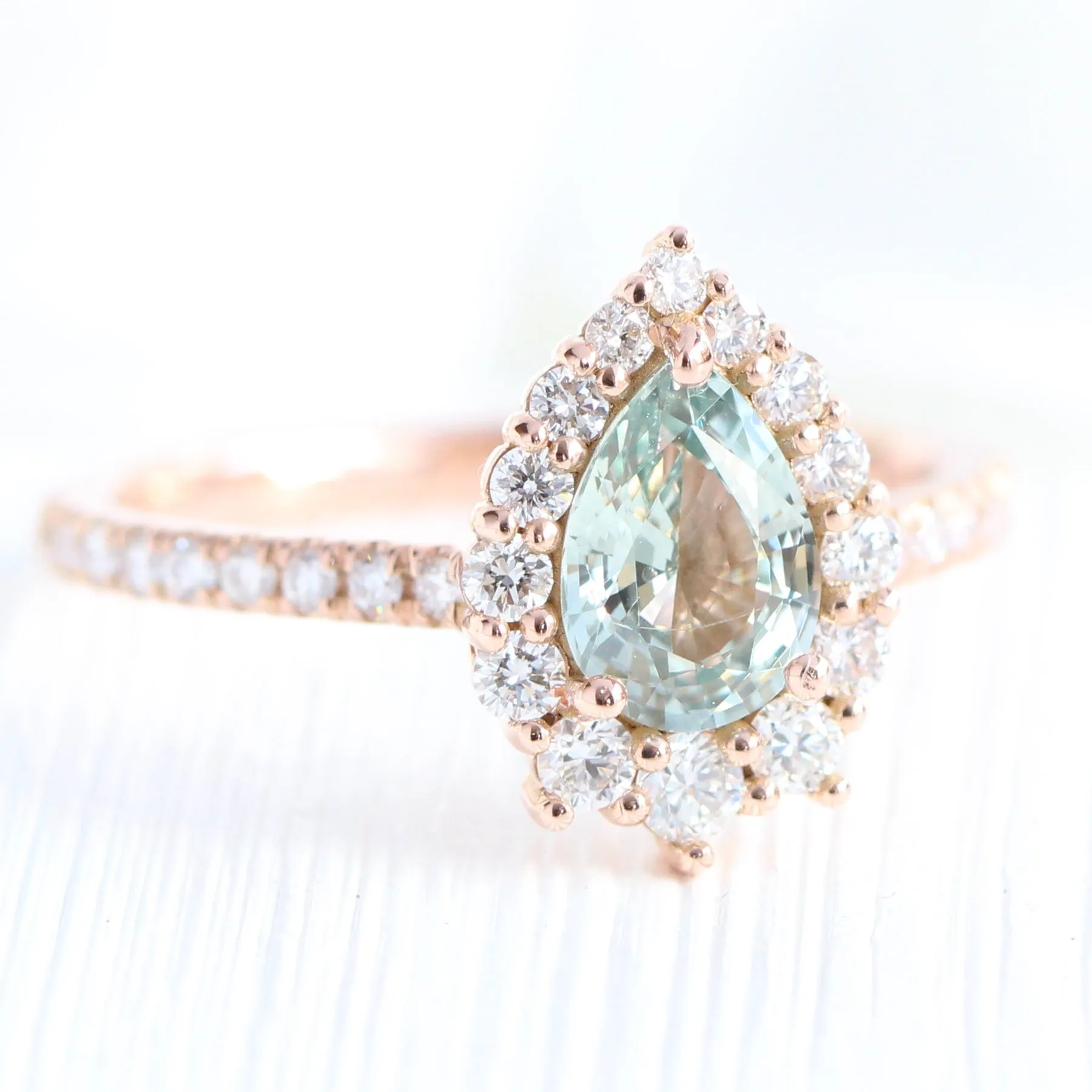 1.54 Ct Sea-Foam Green Sapphire Ring in 14k Rose Gold Tiara Halo Diamond, Size 6.25