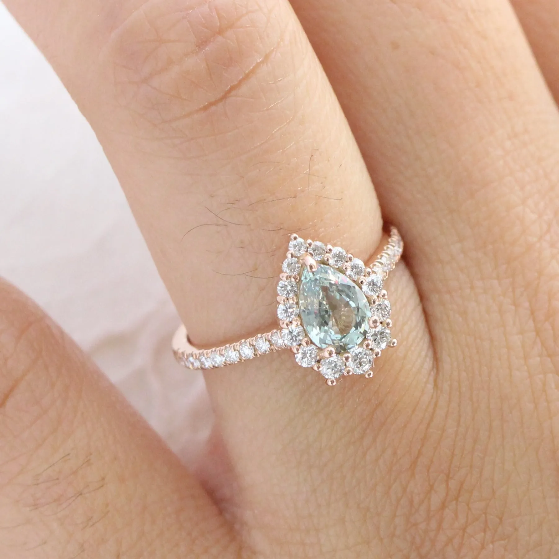 1.54 Ct Sea-Foam Green Sapphire Ring in 14k Rose Gold Tiara Halo Diamond, Size 6.25
