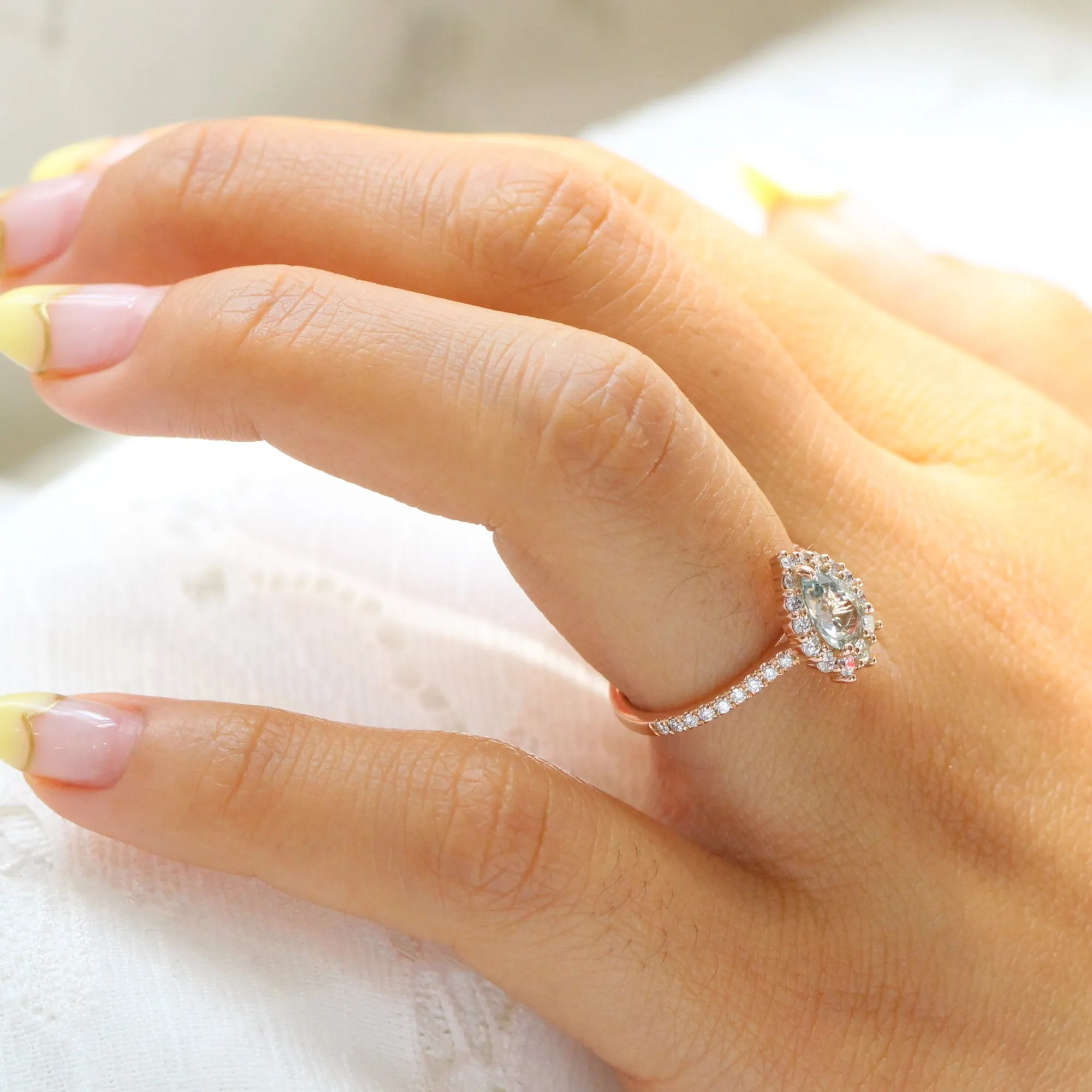 1.54 Ct Sea-Foam Green Sapphire Ring in 14k Rose Gold Tiara Halo Diamond, Size 6.25
