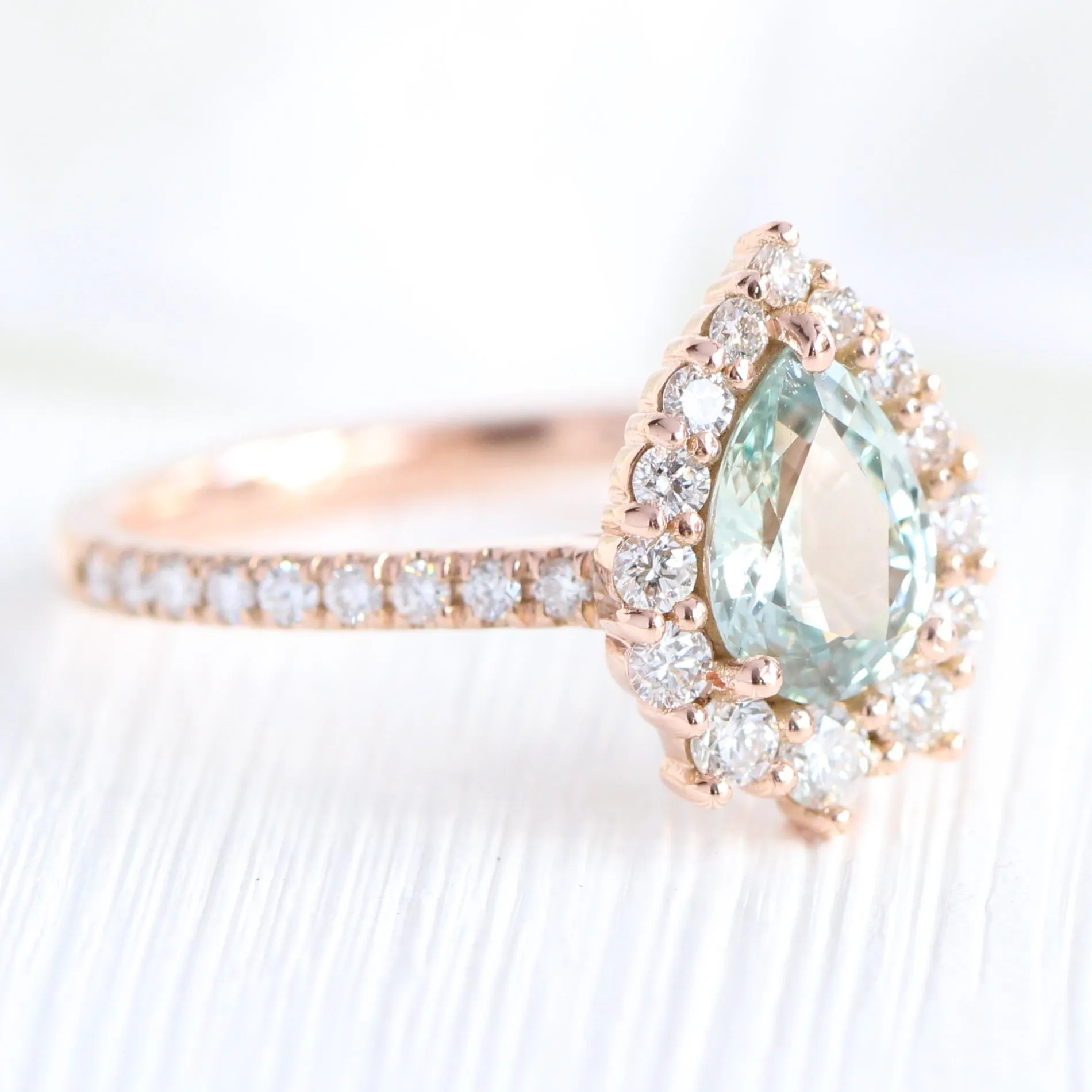 1.54 Ct Sea-Foam Green Sapphire Ring in 14k Rose Gold Tiara Halo Diamond, Size 6.25