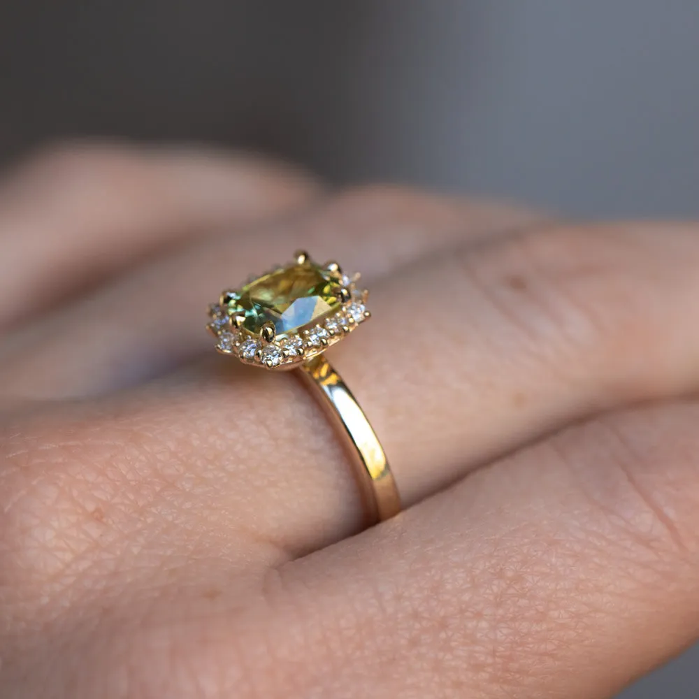 1.64ct Elongated Cushion Cut Green Montana Sapphire Antique-Style Diamond Halo Ring in 14k Green Gold