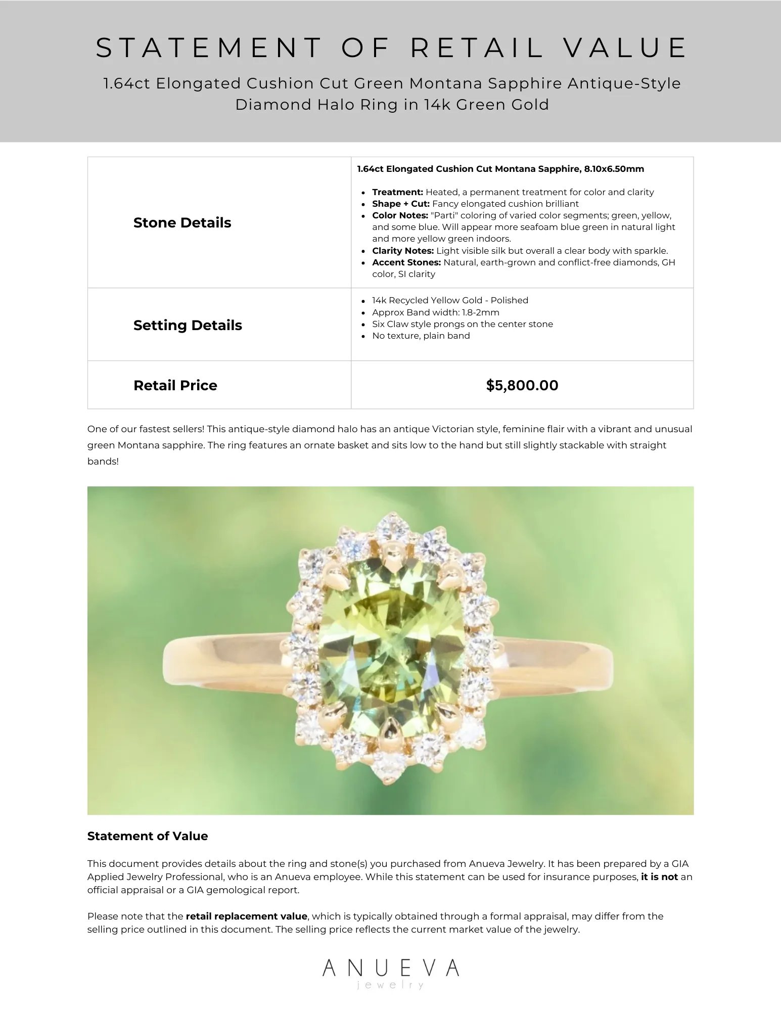 1.64ct Elongated Cushion Cut Green Montana Sapphire Antique-Style Diamond Halo Ring in 14k Green Gold