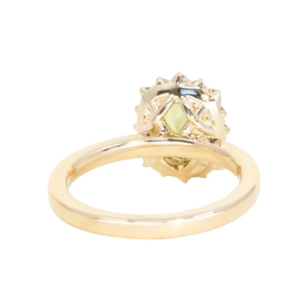 1.64ct Elongated Cushion Cut Green Montana Sapphire Antique-Style Diamond Halo Ring in 14k Green Gold