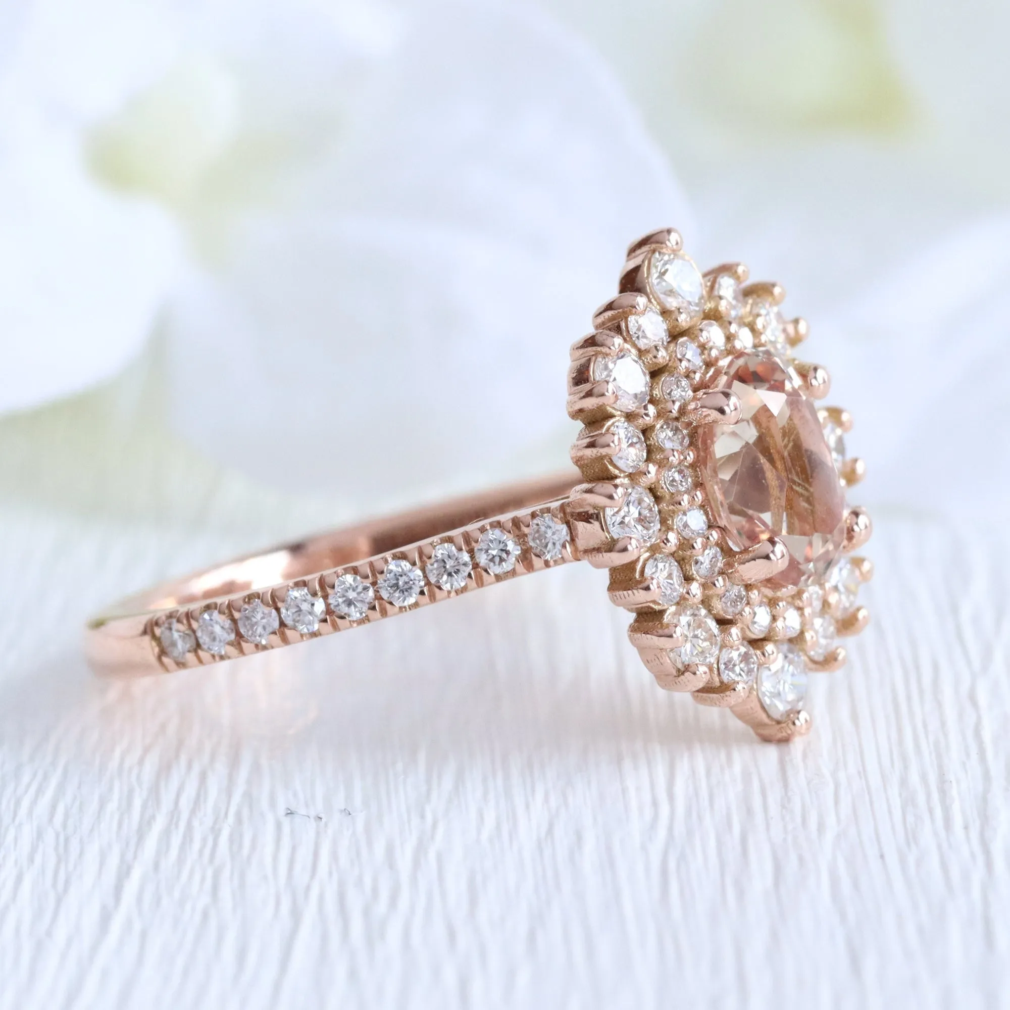 1.83 Ct Oval Peach Sapphire Pave Ring in 14k Rose Gold Double Halo Diamond, Size 6.25