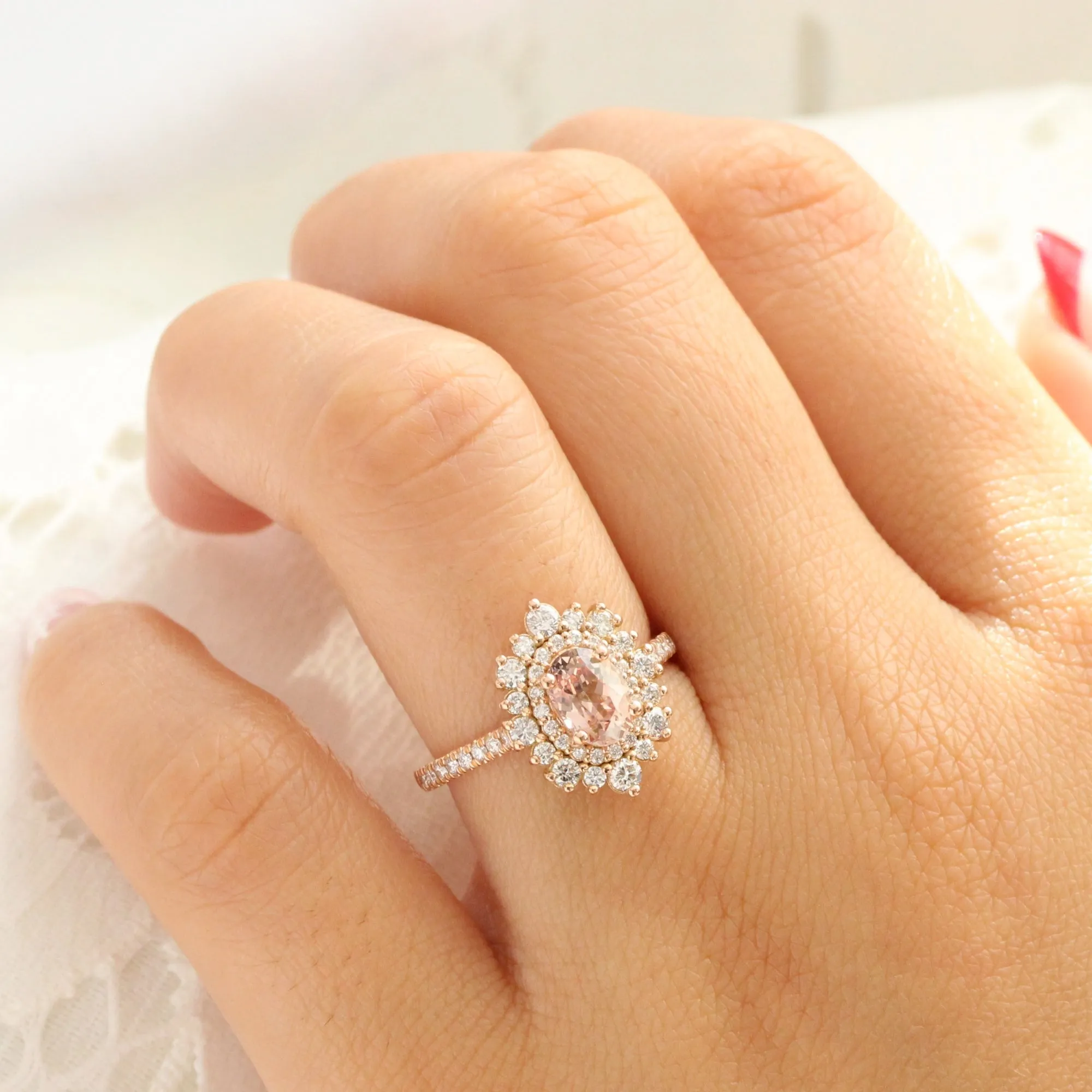 1.83 Ct Oval Peach Sapphire Pave Ring in 14k Rose Gold Double Halo Diamond, Size 6.25