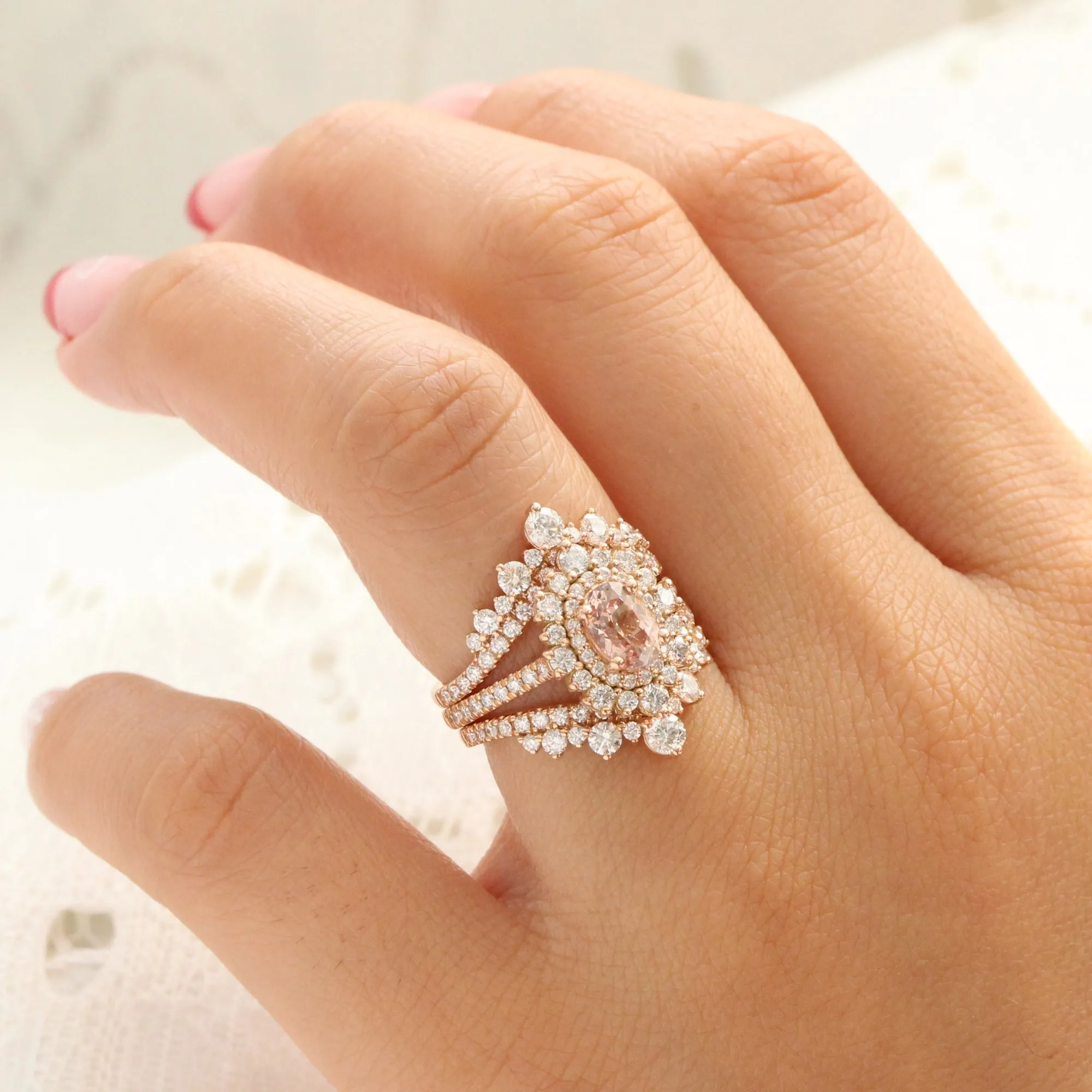 1.83 Ct Oval Peach Sapphire Pave Ring in 14k Rose Gold Double Halo Diamond, Size 6.25