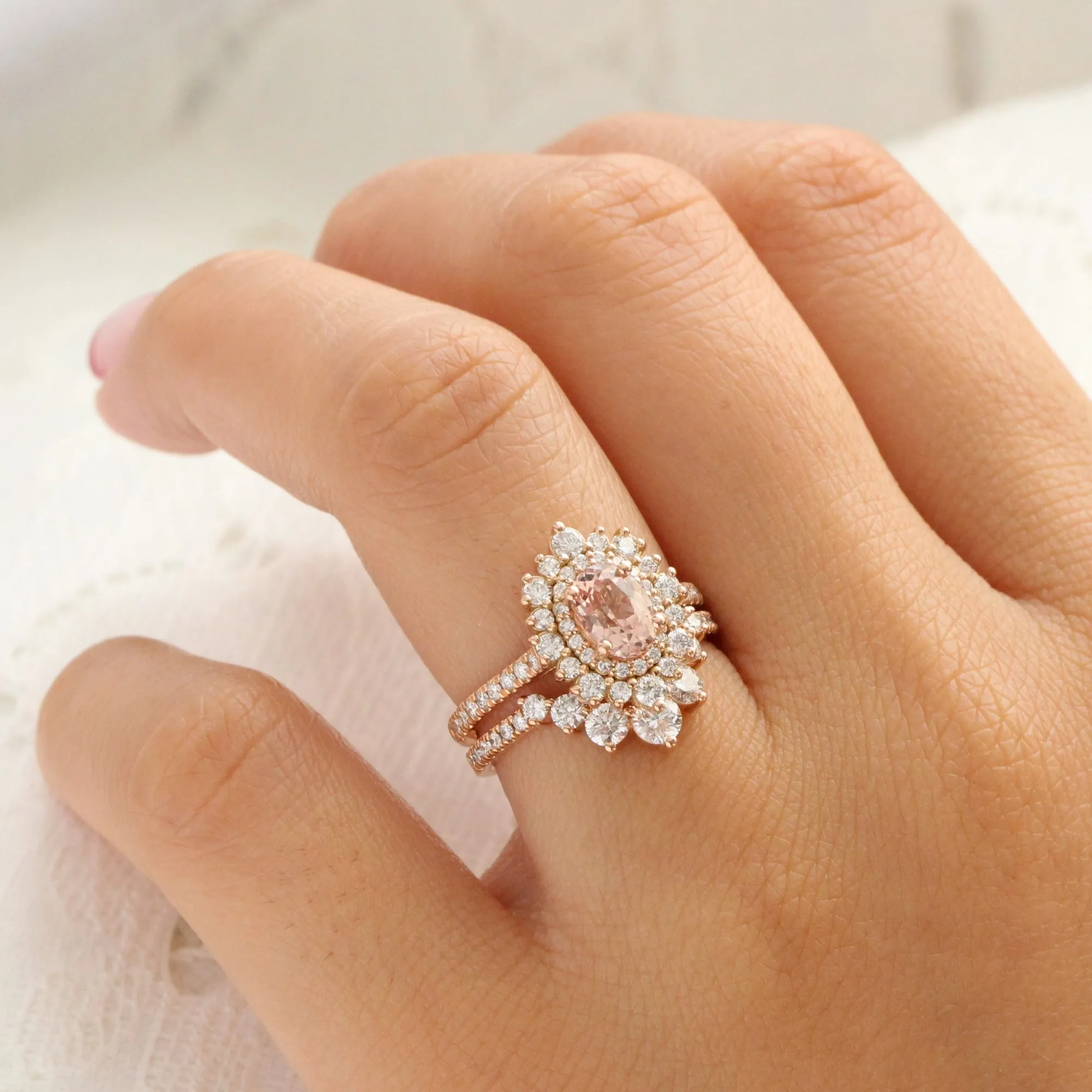 1.83 Ct Oval Peach Sapphire Pave Ring in 14k Rose Gold Double Halo Diamond, Size 6.25