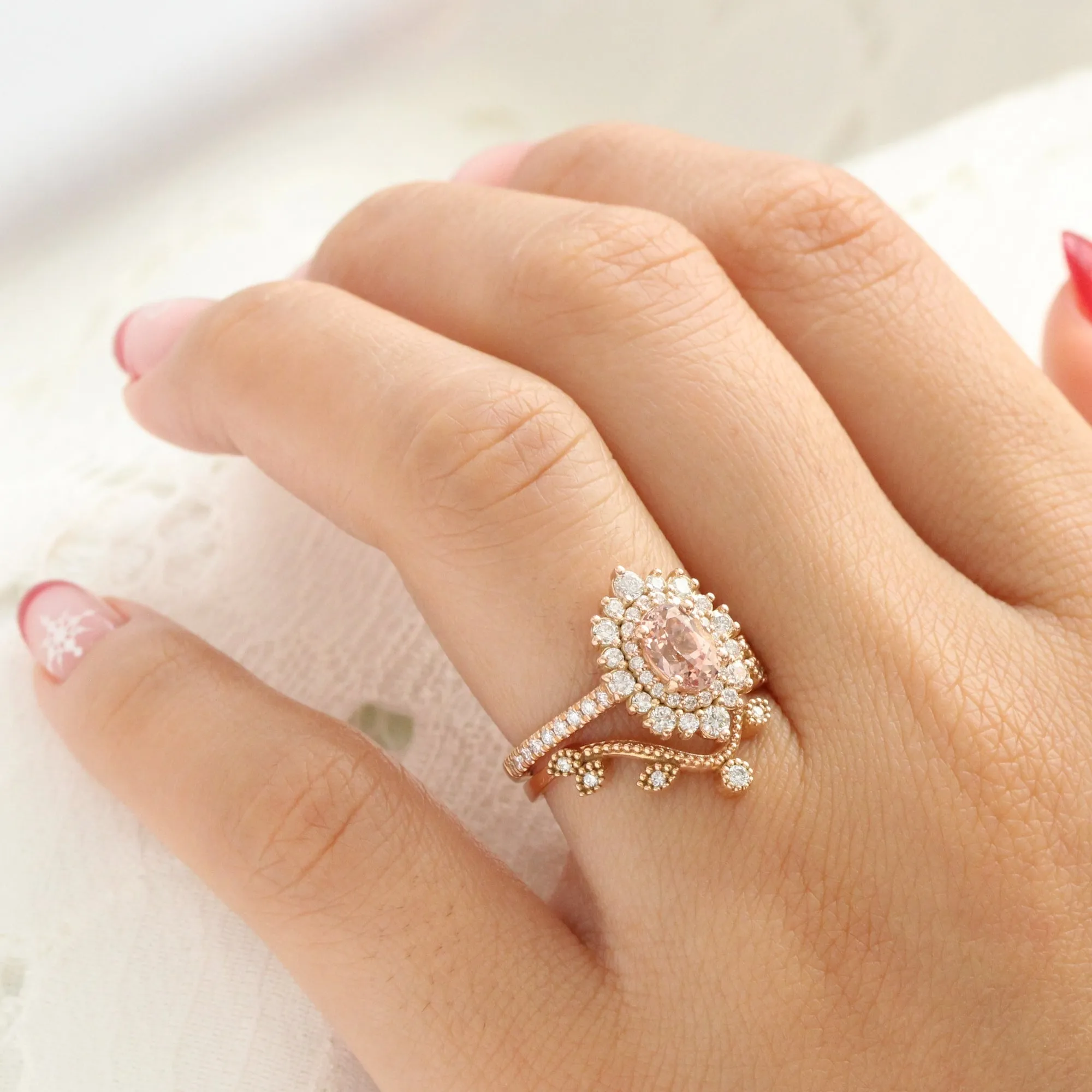 1.83 Ct Oval Peach Sapphire Pave Ring in 14k Rose Gold Double Halo Diamond, Size 6.25
