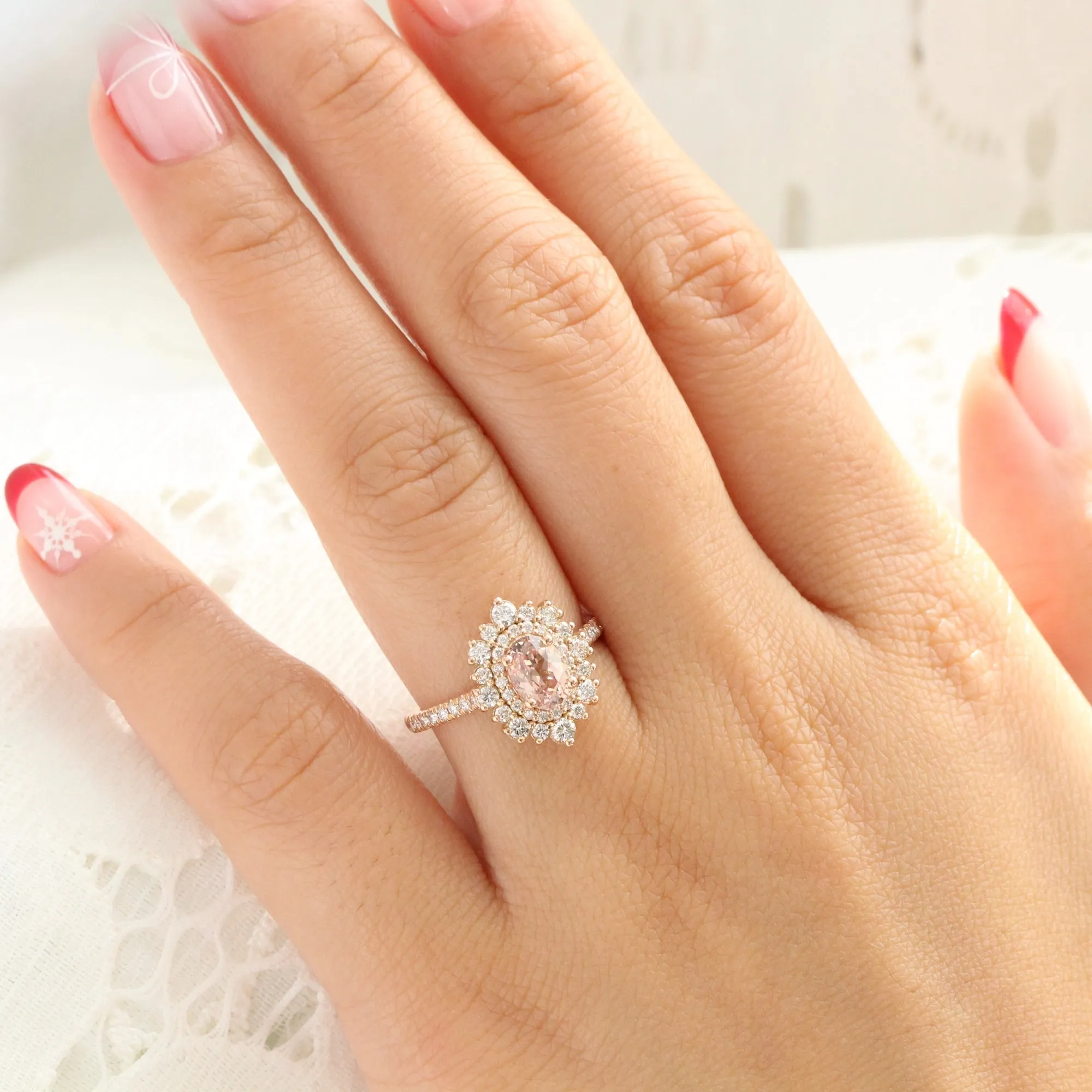 1.83 Ct Oval Peach Sapphire Pave Ring in 14k Rose Gold Double Halo Diamond, Size 6.25