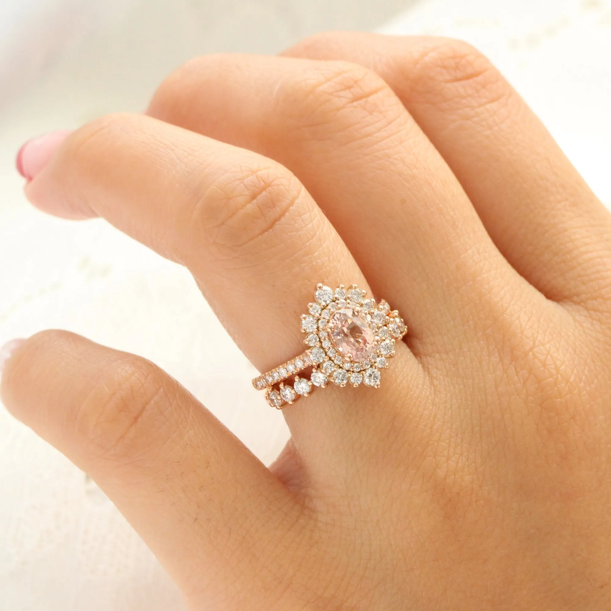 1.83 Ct Oval Peach Sapphire Pave Ring in 14k Rose Gold Double Halo Diamond, Size 6.25