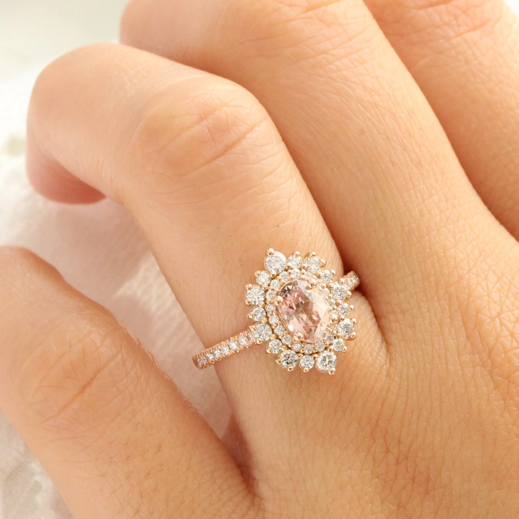 1.83 Ct Oval Peach Sapphire Pave Ring in 14k Rose Gold Double Halo Diamond, Size 6.25