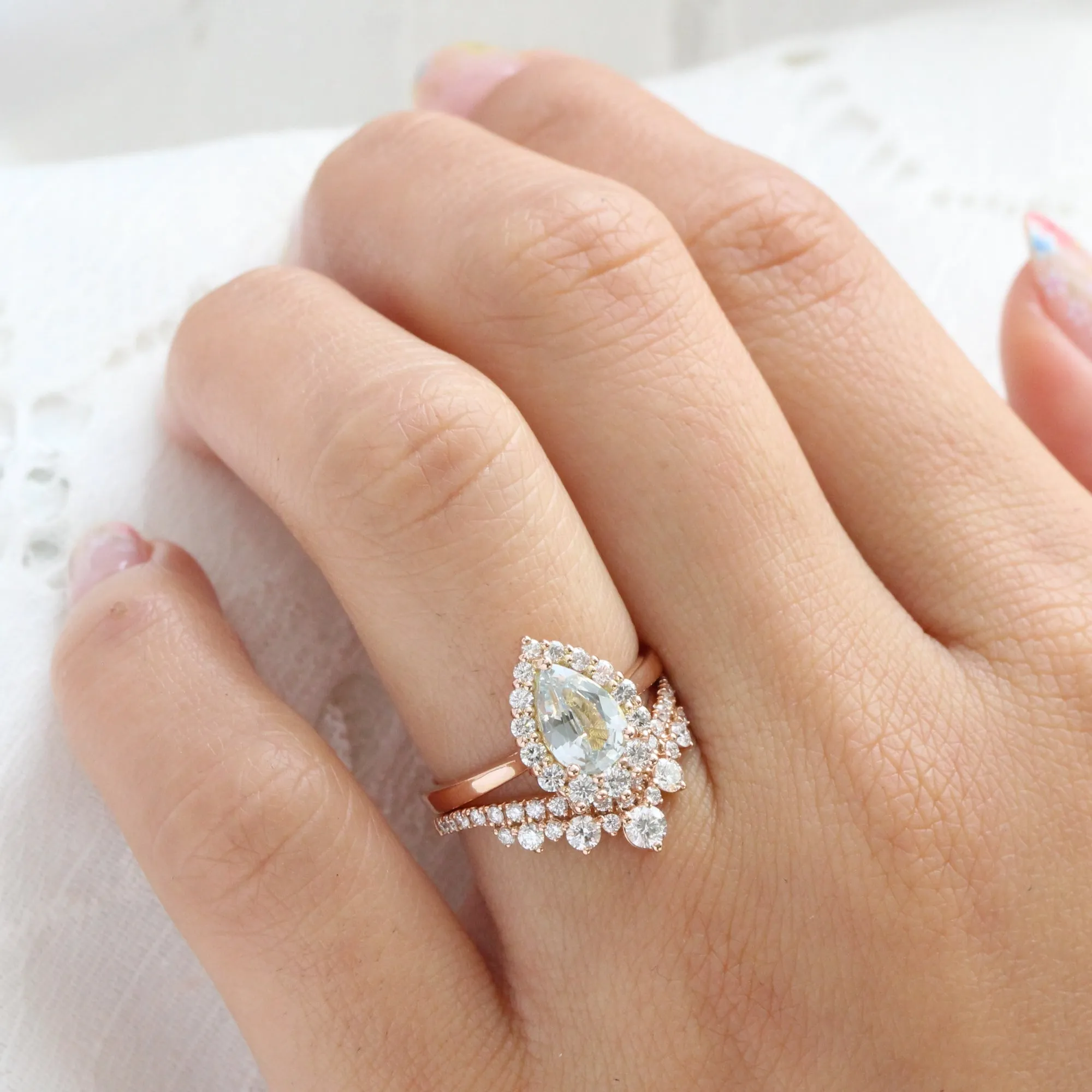1.86 Ct Light Blue Sapphire Pear Ring in 14k Rose Gold Tiara Halo Diamond, Size 6.25
