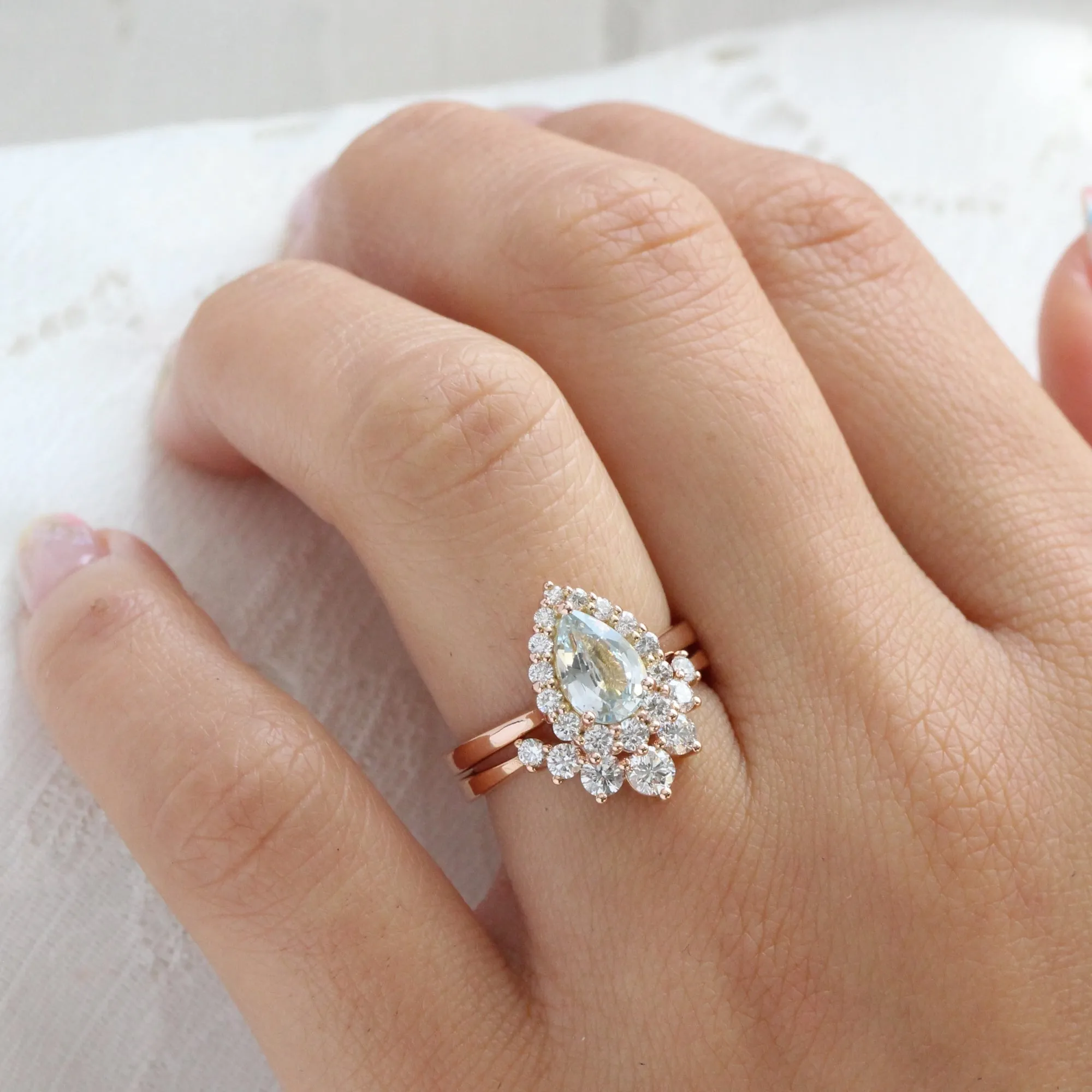 1.86 Ct Light Blue Sapphire Pear Ring in 14k Rose Gold Tiara Halo Diamond, Size 6.25