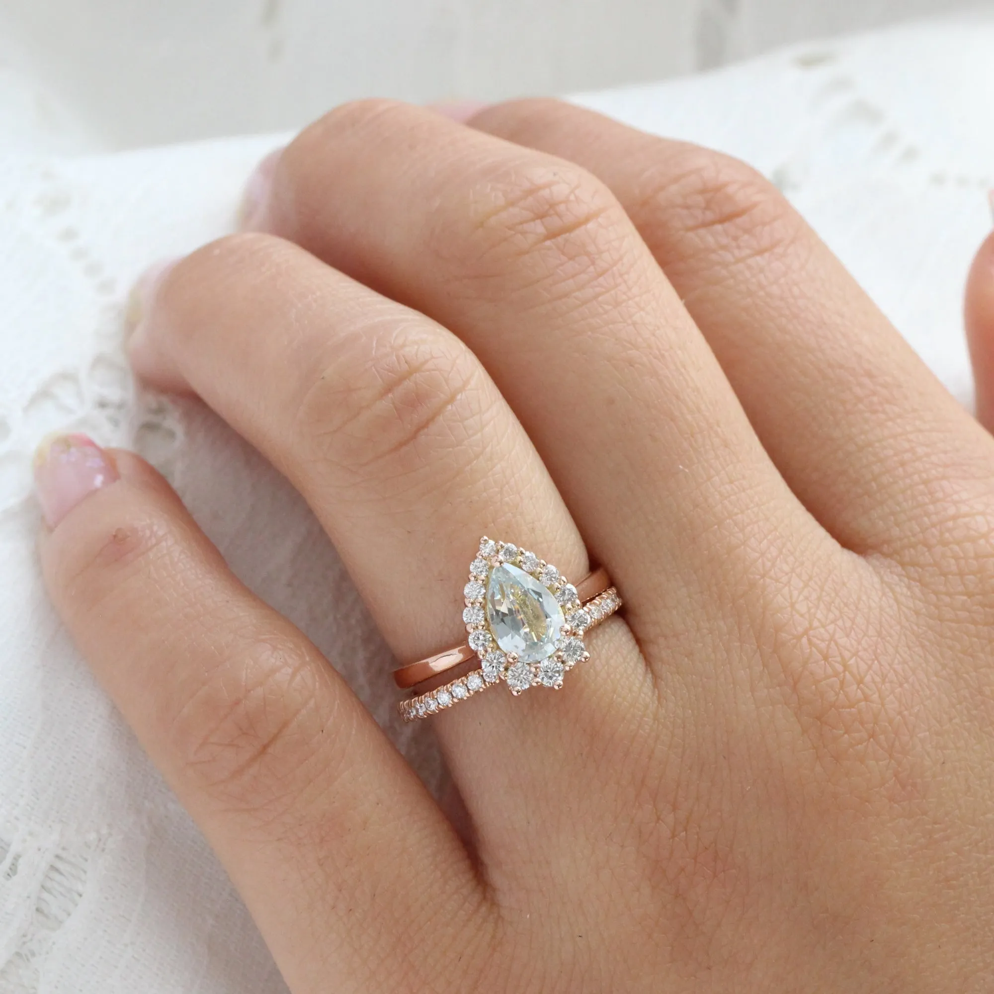 1.86 Ct Light Blue Sapphire Pear Ring in 14k Rose Gold Tiara Halo Diamond, Size 6.25