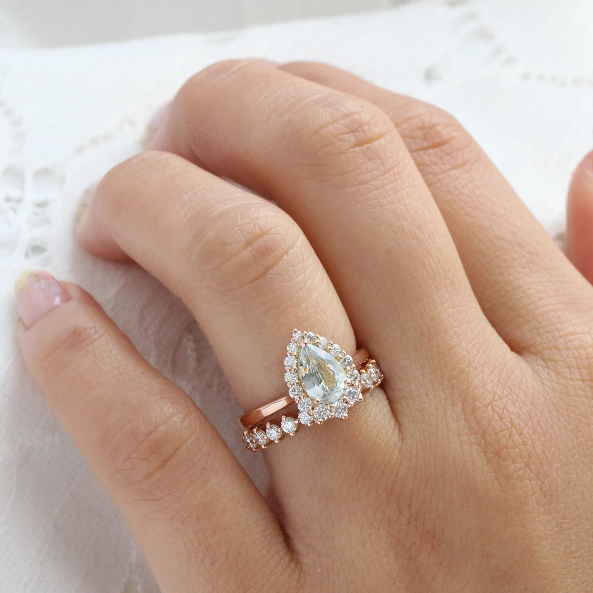 1.86 Ct Light Blue Sapphire Pear Ring in 14k Rose Gold Tiara Halo Diamond, Size 6.25