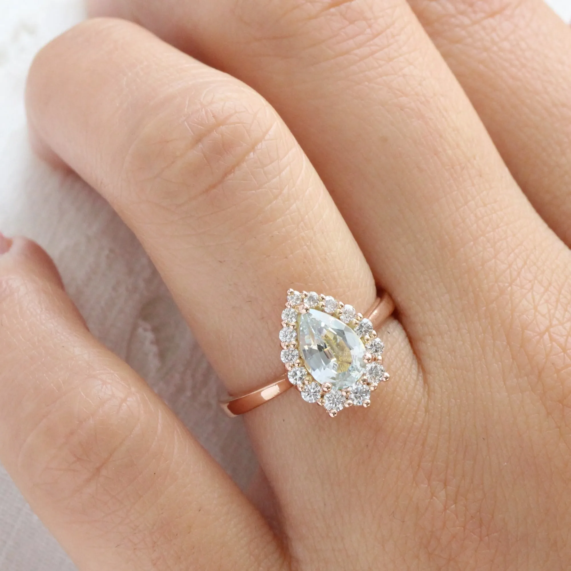1.86 Ct Light Blue Sapphire Pear Ring in 14k Rose Gold Tiara Halo Diamond, Size 6.25