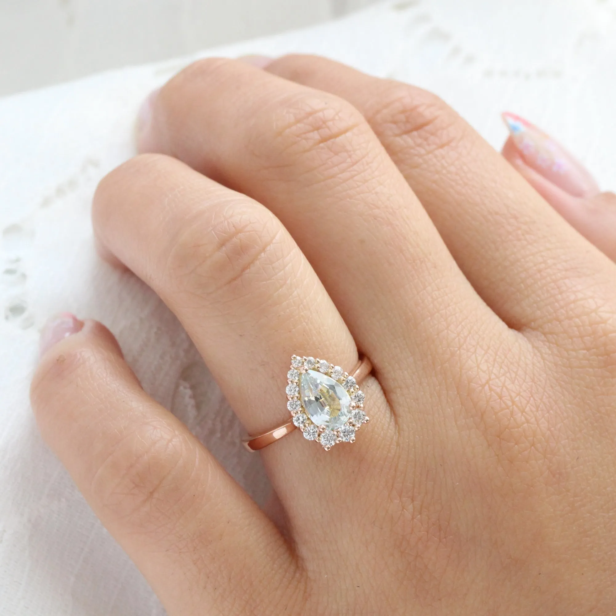 1.86 Ct Light Blue Sapphire Pear Ring in 14k Rose Gold Tiara Halo Diamond, Size 6.25