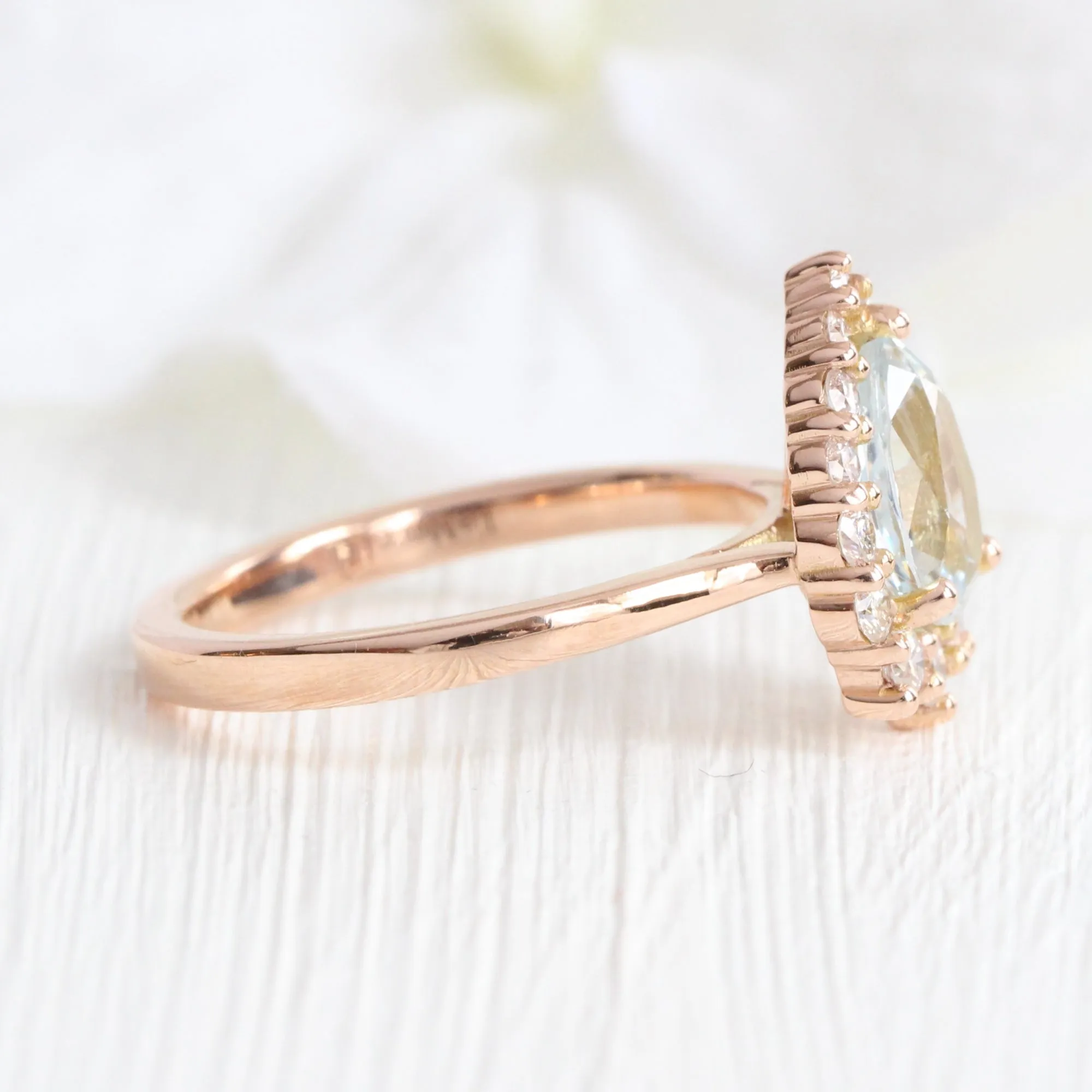 1.86 Ct Light Blue Sapphire Pear Ring in 14k Rose Gold Tiara Halo Diamond, Size 6.25