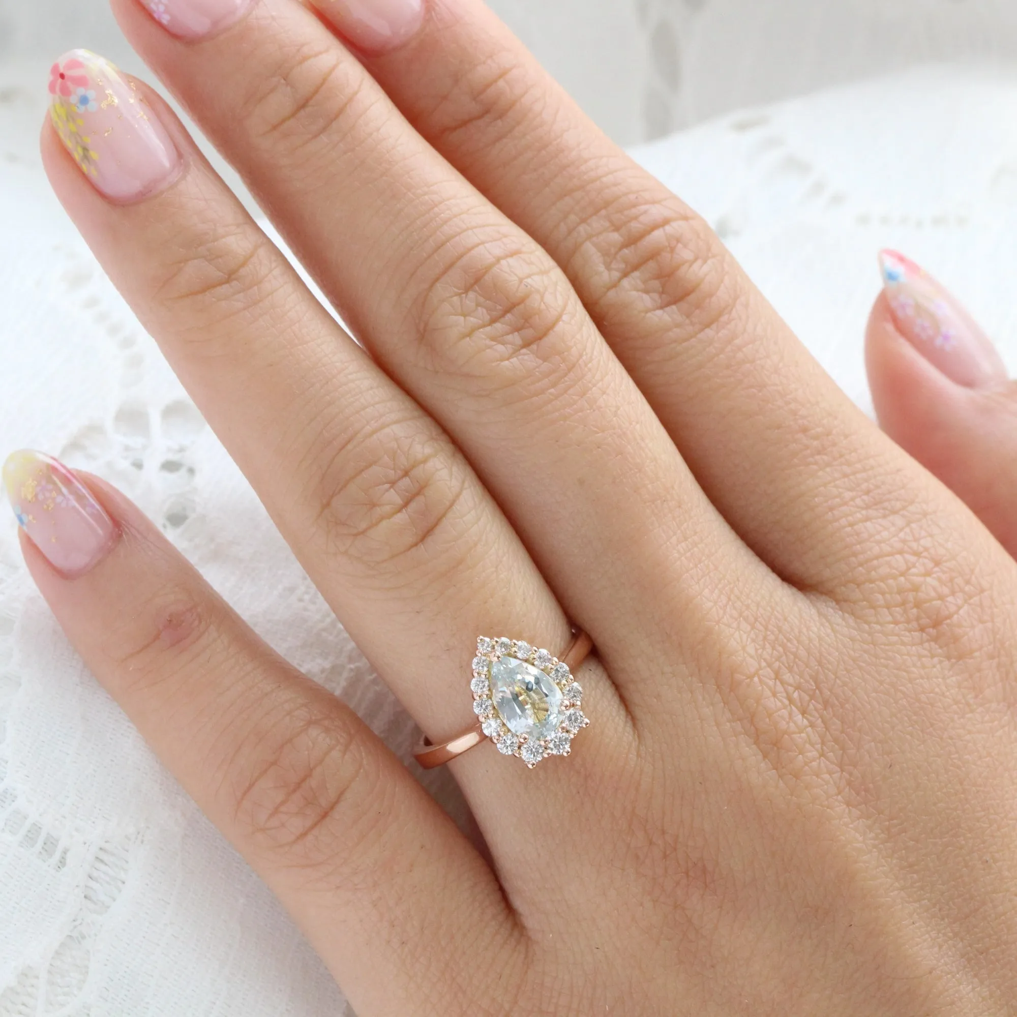 1.86 Ct Light Blue Sapphire Pear Ring in 14k Rose Gold Tiara Halo Diamond, Size 6.25