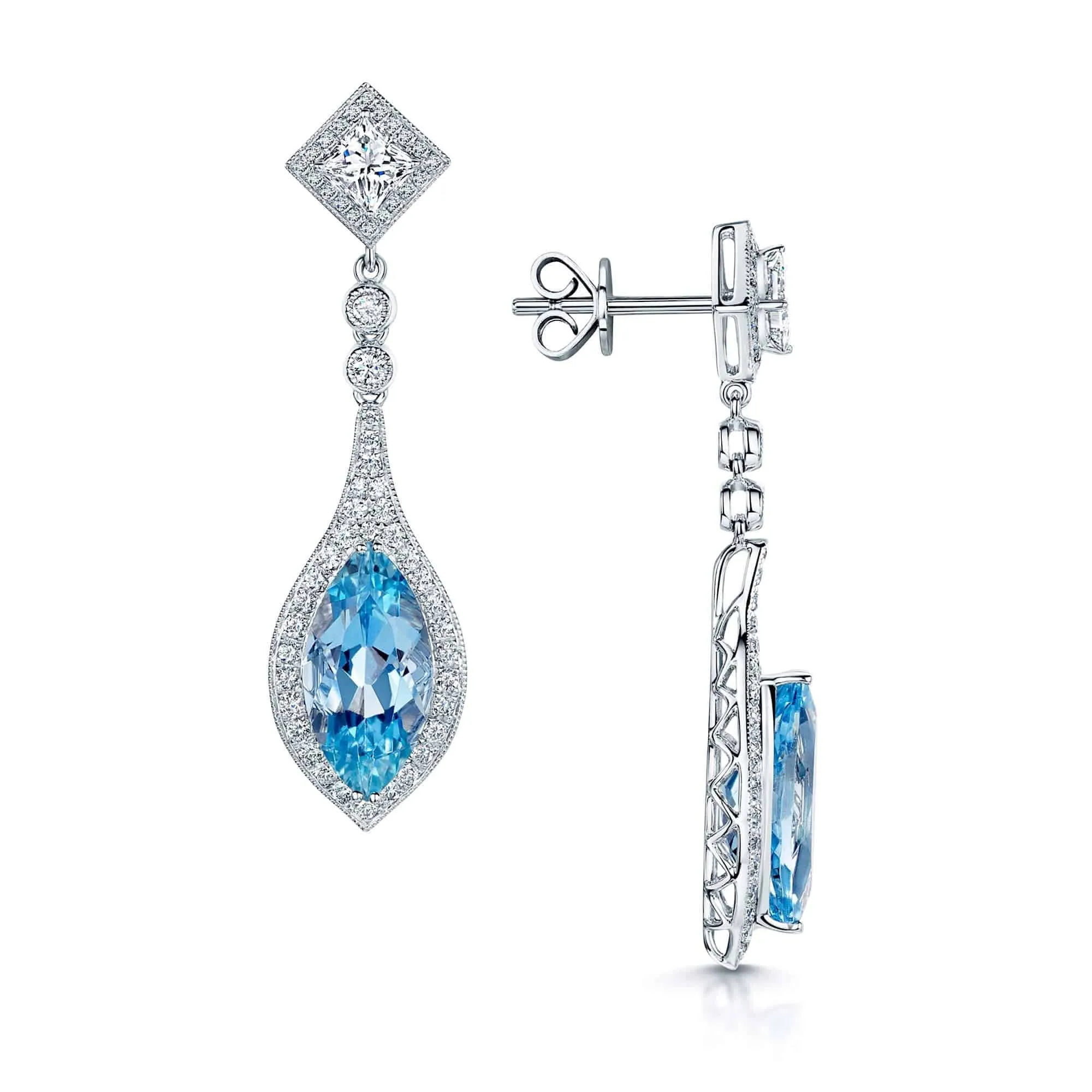 18ct White Gold Marquise Aquamarine And Diamond Stud Drop Earrings With A Grain Setting