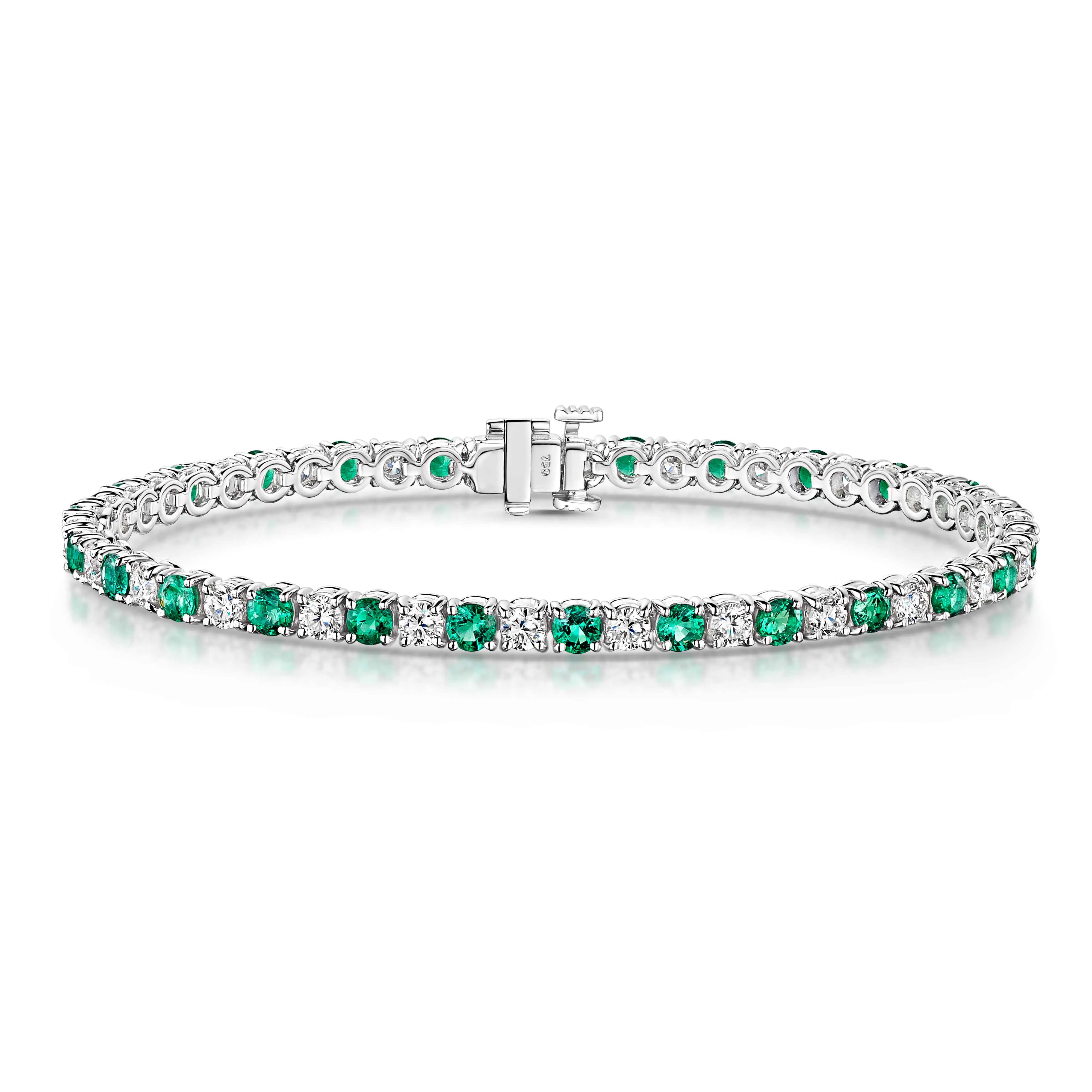 18ct White Gold Round-Cut Emerald & Brilliant-Cut Diamond Tennis Bracelet 6.00ct