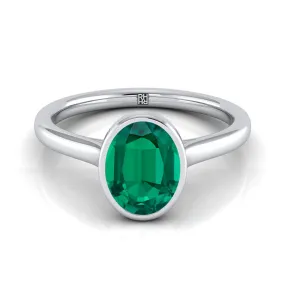 18K White Gold Oval Emerald Simple Bezel Solitaire Engagement Ring