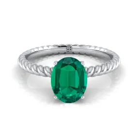 18K White Gold Oval Emerald Twisted Rope Solitaire With Surprize Diamond Engagement Ring