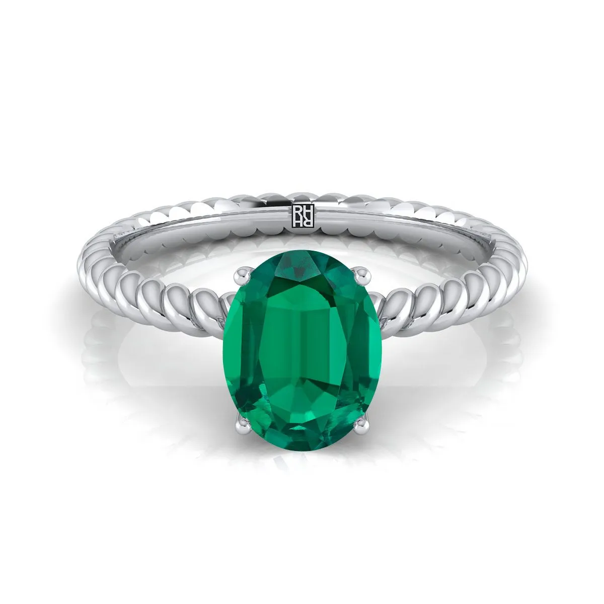 18K White Gold Oval Emerald Twisted Rope Solitaire With Surprize Diamond Engagement Ring