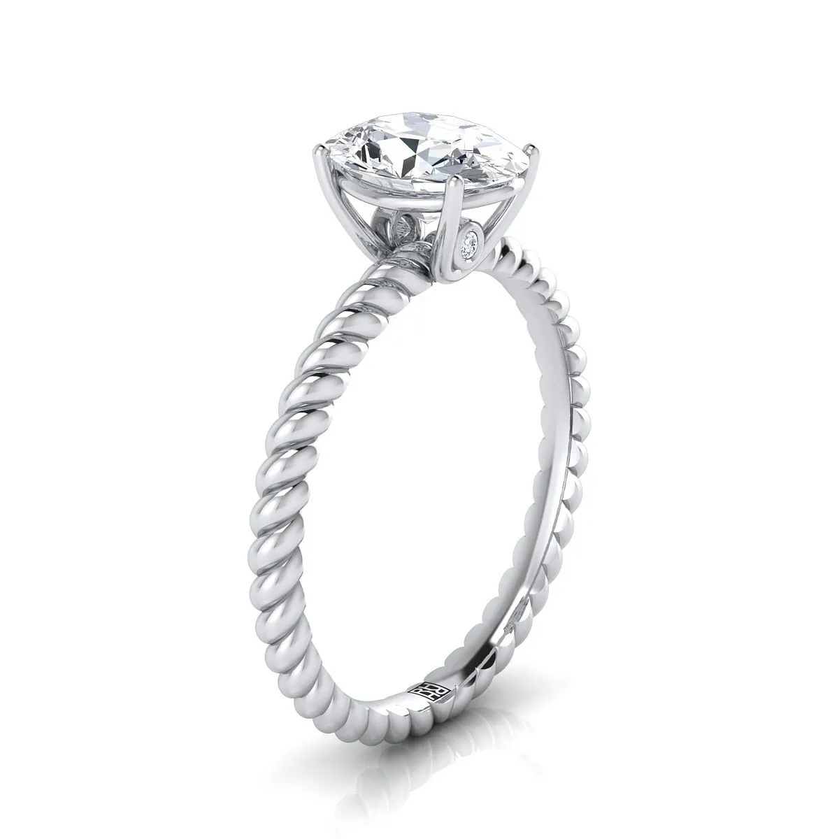 18K White Gold Oval Emerald Twisted Rope Solitaire With Surprize Diamond Engagement Ring