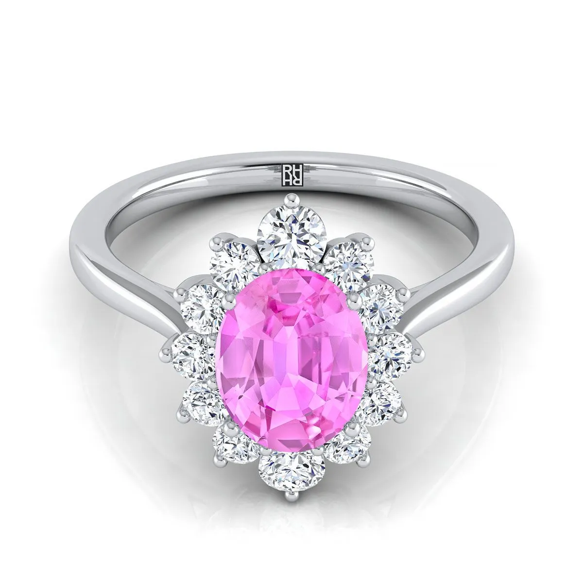 18K White Gold Oval Pink Sapphire Floral Diamond Halo Engagement Ring -1/2ctw