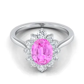 18K White Gold Oval Pink Sapphire Floral Diamond Halo Engagement Ring -1/2ctw