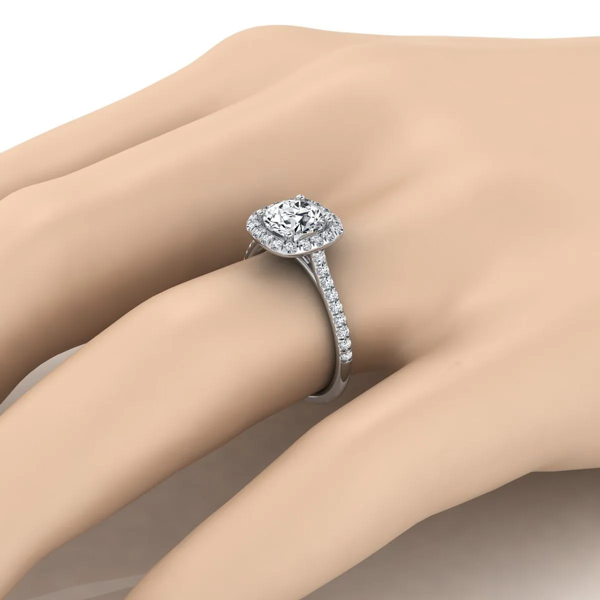 18K White Gold Round Brilliant Pink Sapphire Simple Prong Set Halo Engagement Ring -1/3ctw