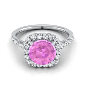 18K White Gold Round Brilliant Pink Sapphire Simple Prong Set Halo Engagement Ring -1/3ctw