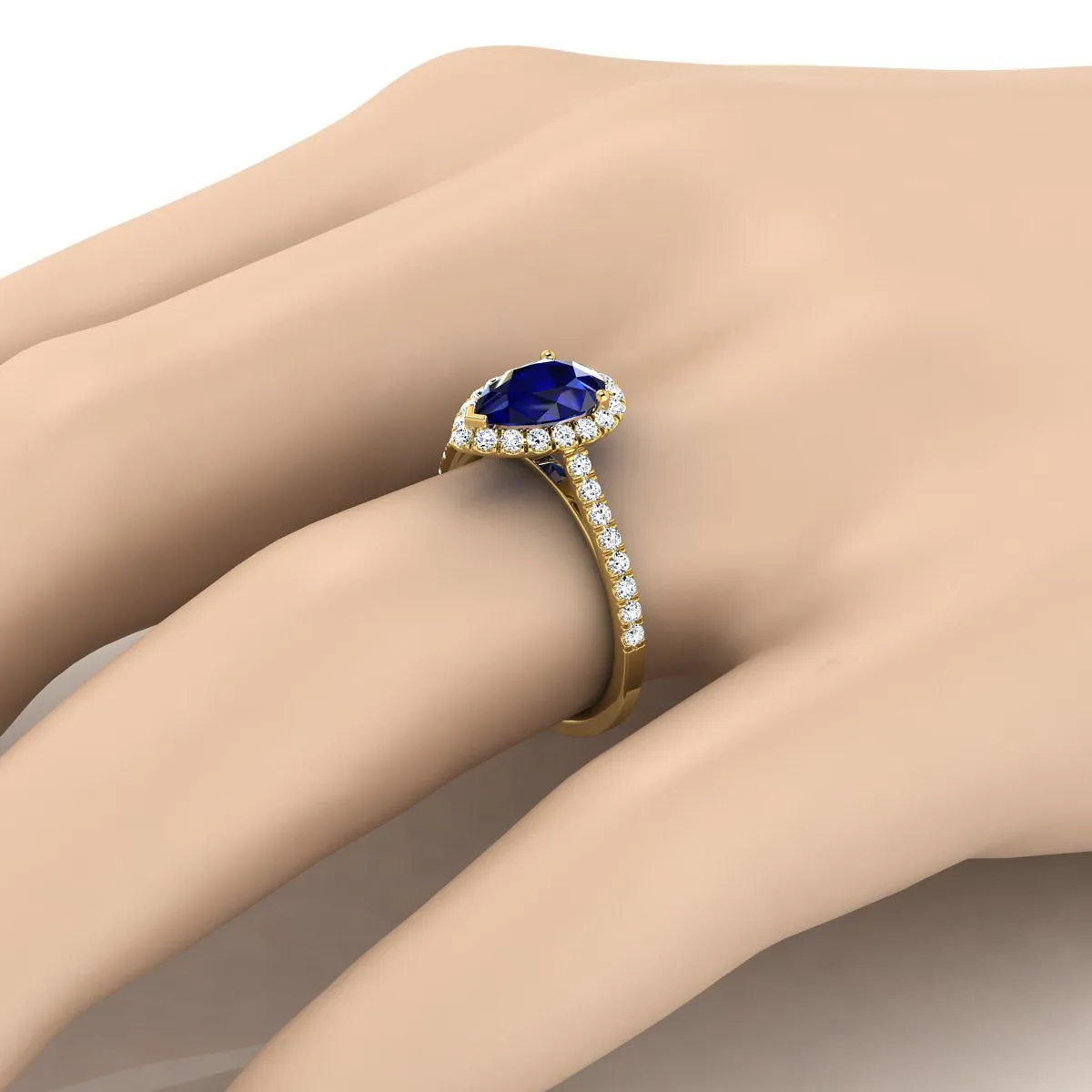 18K Yellow Gold Pear Shape Center Sapphire Petite Halo French Diamond Pave Engagement Ring -3/8ctw