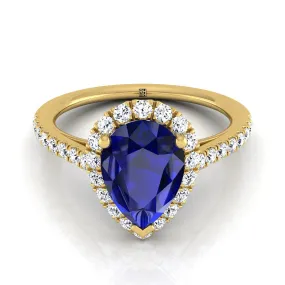 18K Yellow Gold Pear Shape Center Sapphire Petite Halo French Diamond Pave Engagement Ring -3/8ctw