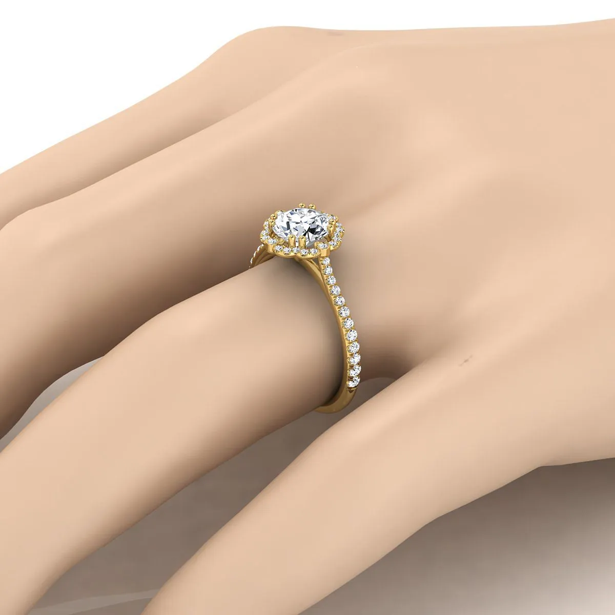 18K Yellow Gold Round Brilliant Pink Sapphire Ornate Diamond Halo Vintage Inspired Engagement Ring -1/4ctw