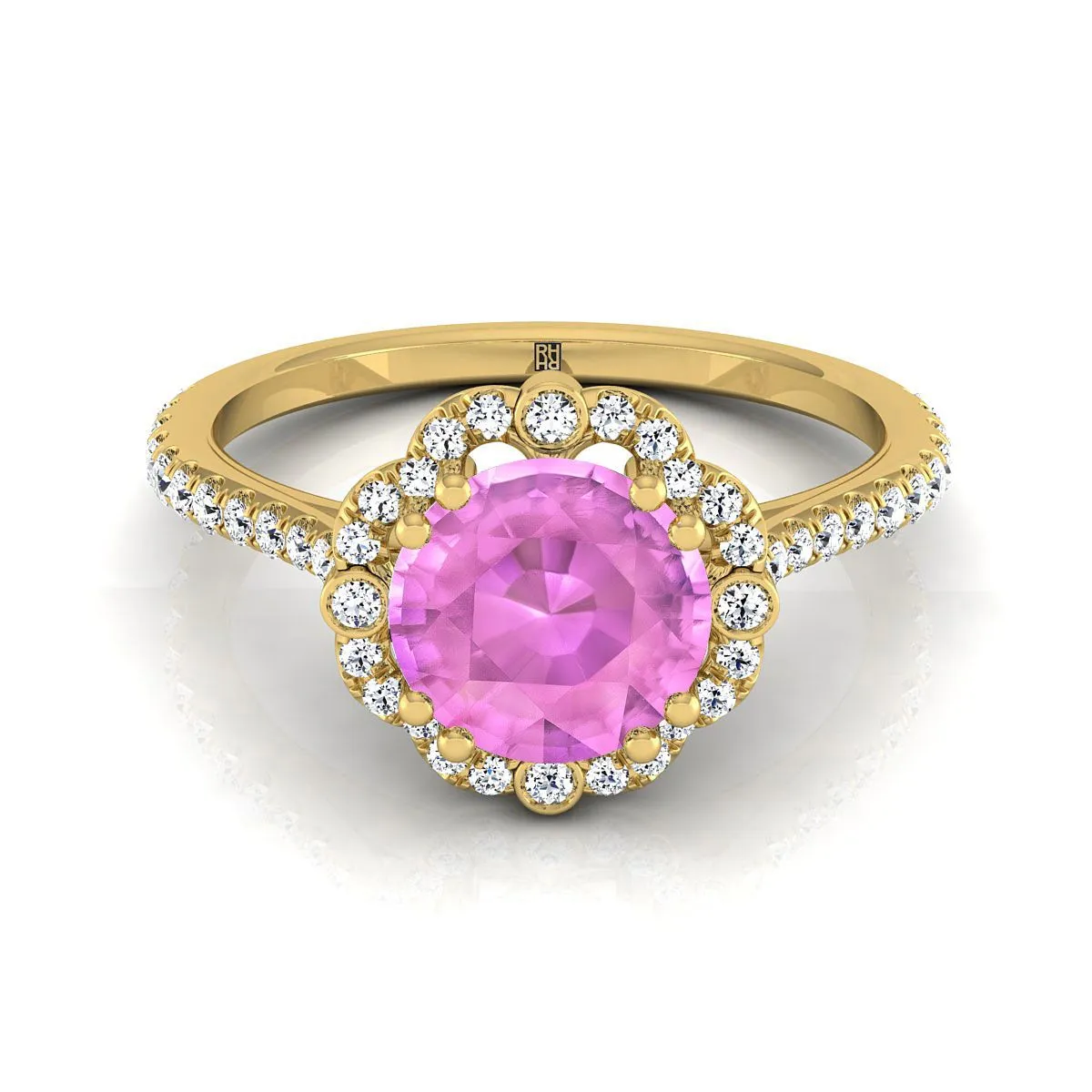 18K Yellow Gold Round Brilliant Pink Sapphire Ornate Diamond Halo Vintage Inspired Engagement Ring -1/4ctw