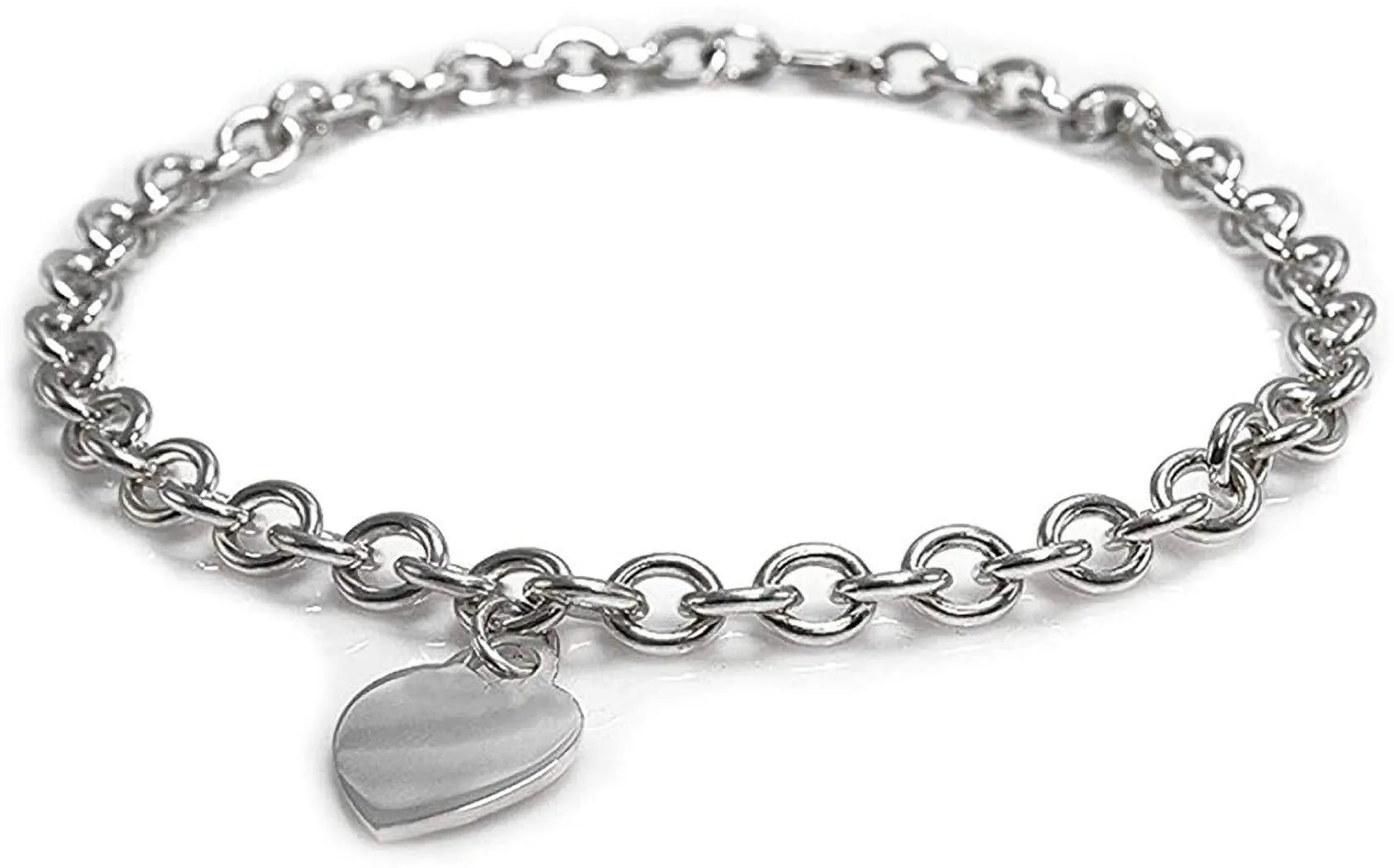 18" Inch Heart or Round Charm Tag Sterling Silver Plated Necklace for Women/Teenager/Girls on 18" Inch / 45cm Chain - Chunky Belcher Link Necklace with Charm Tag - Designer Inspired Heart Tag