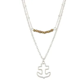 18" Silver Double Bar Necklace -Anchor, 3" Ext.