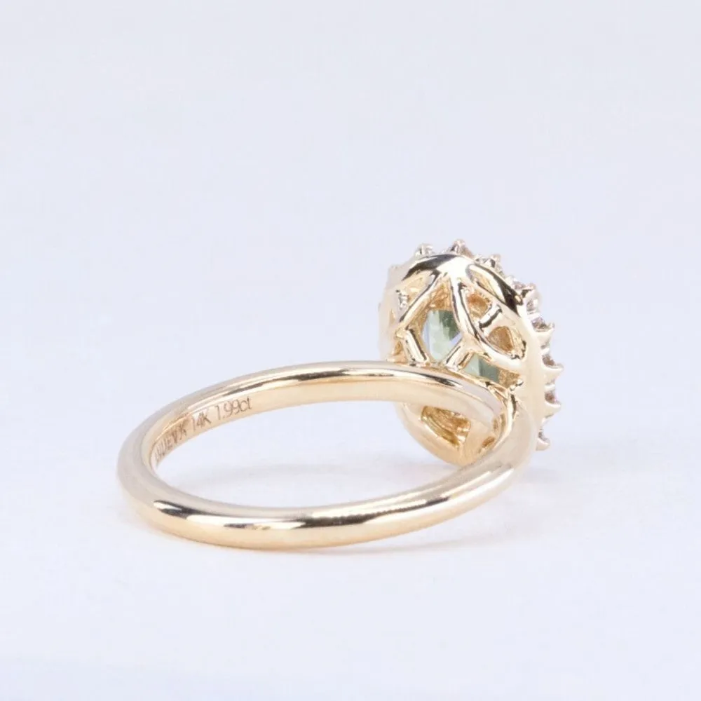 1.99ct "Old Mine Cushion" cut Silky Light Green Montana Sapphire Antique-Style Diamond Halo Ring in 14k Yellow Gold