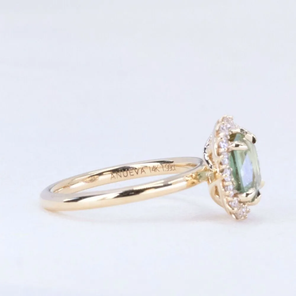 1.99ct "Old Mine Cushion" cut Silky Light Green Montana Sapphire Antique-Style Diamond Halo Ring in 14k Yellow Gold