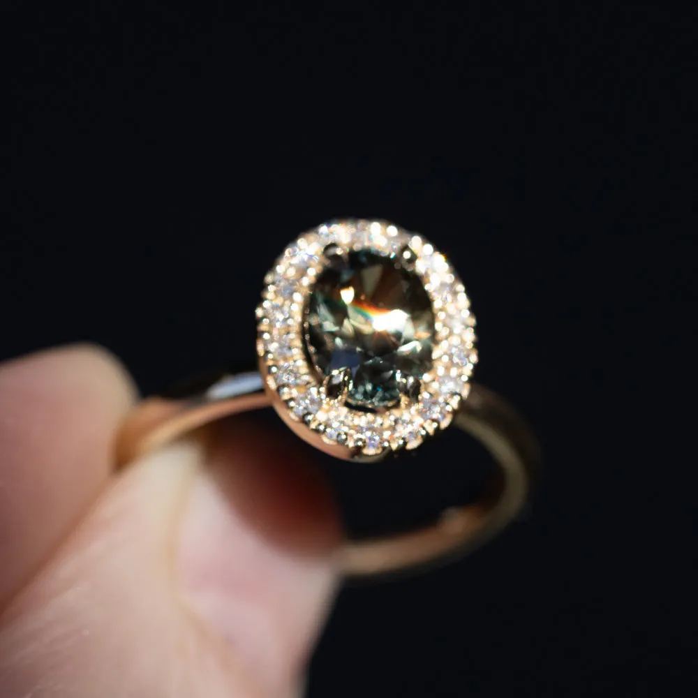2.01ct Untreated Color Shifting Olive-Purple Oval Sapphire Six Prong Halo Stackable Ring in 14k Yellow Gold