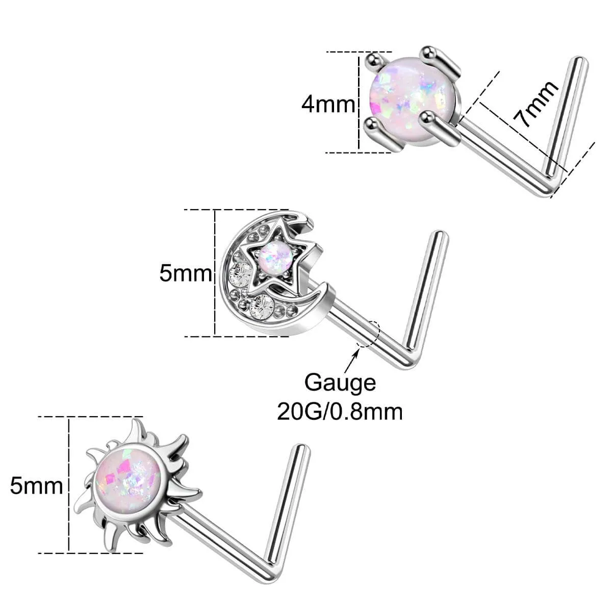 20G 3PCS L-shaped Nose Studs Pack
