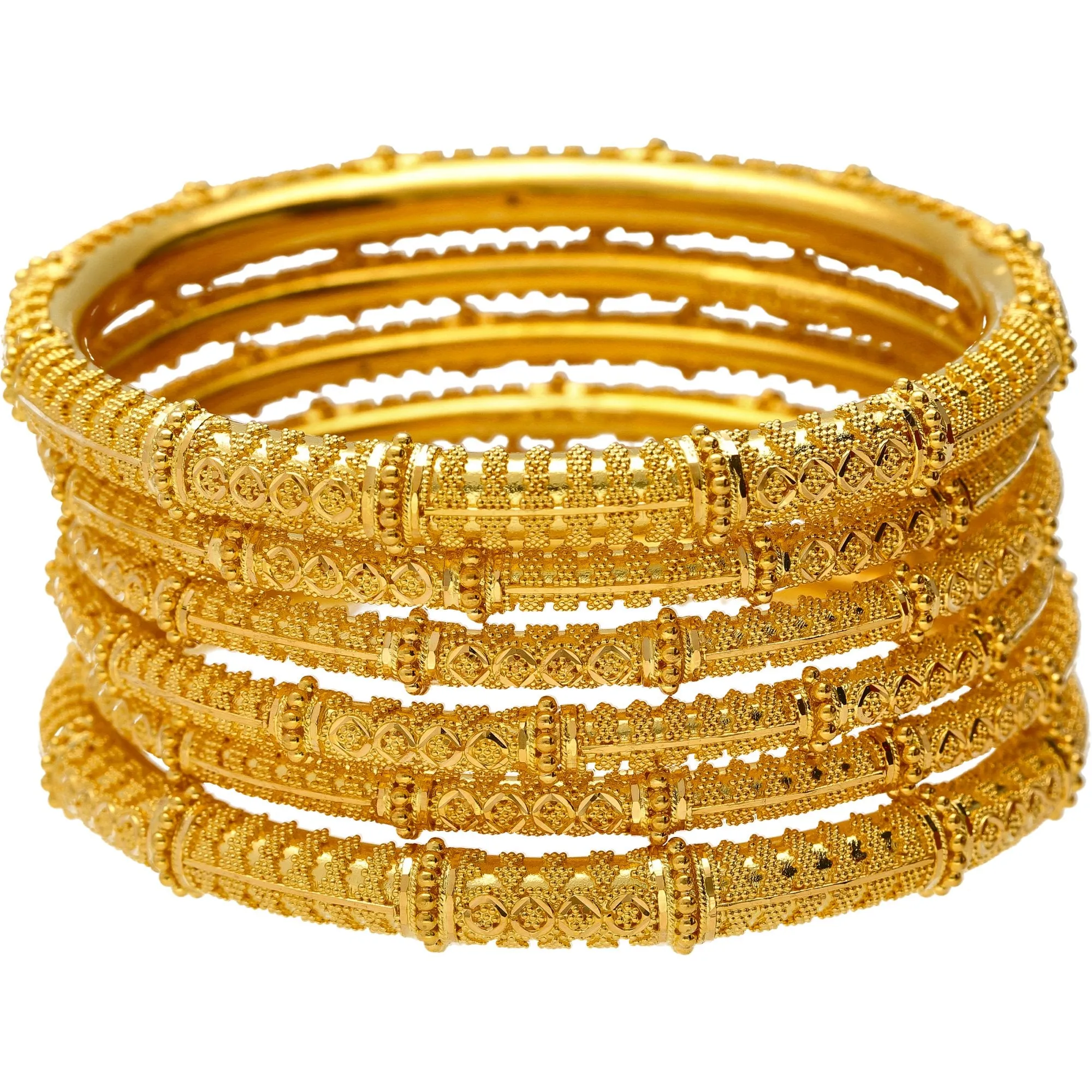 22K Yellow Gold & Beaded Filigree Bangle Set (Size 2.8)