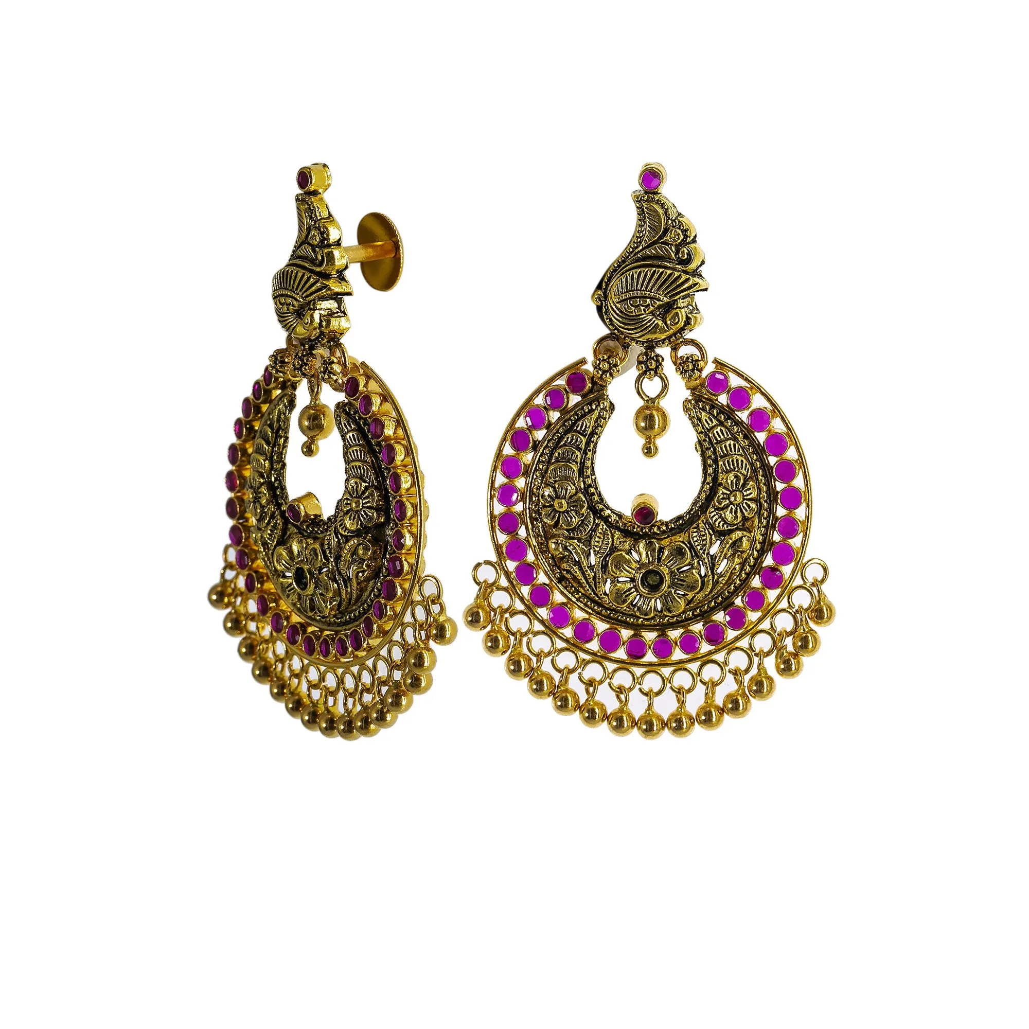 22K Yellow Gold Antique Chandbali Earrings W/ Rubies & Peacock Accents