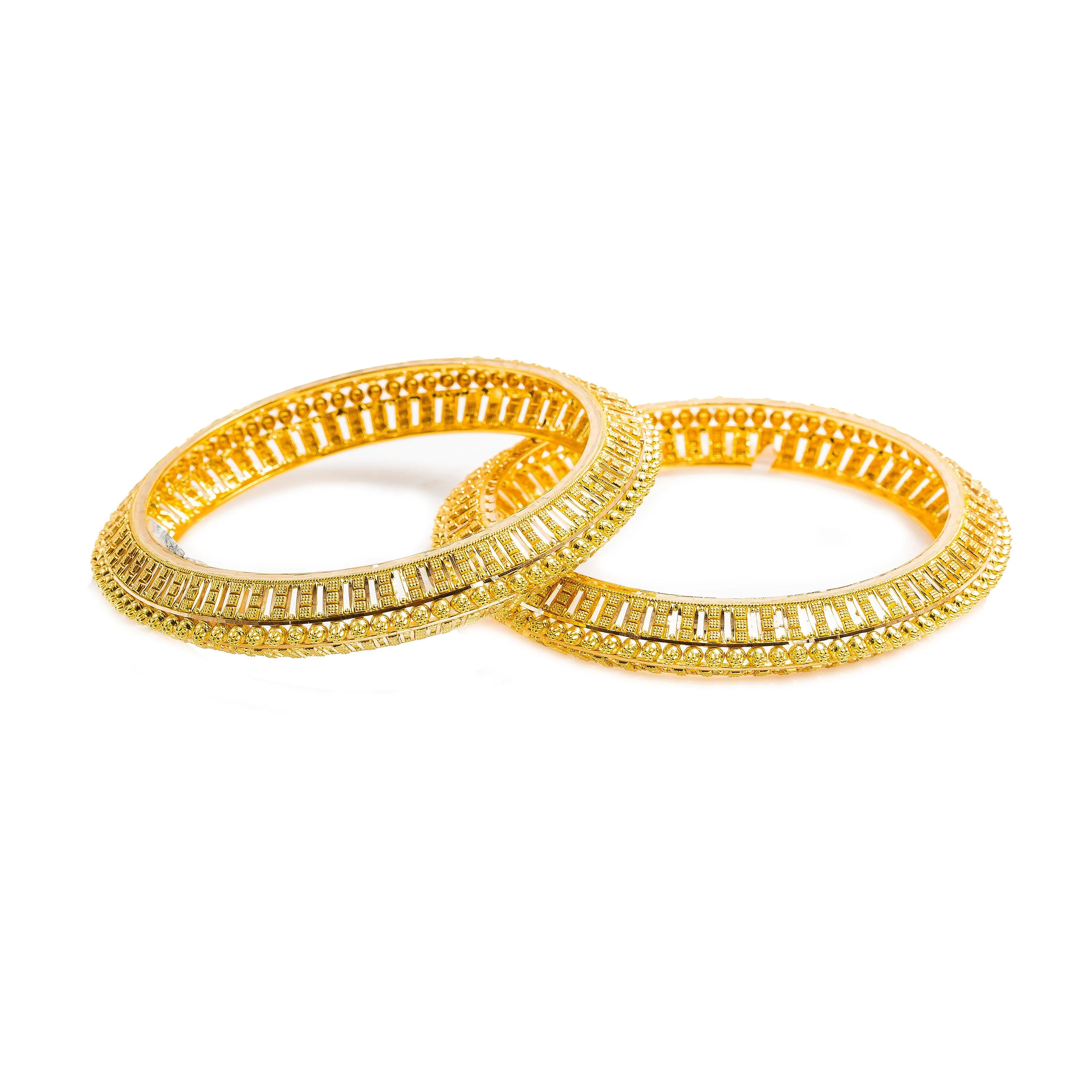 22K Yellow Gold Bangles Set of 2 W/ Open Beaded Filigree Design